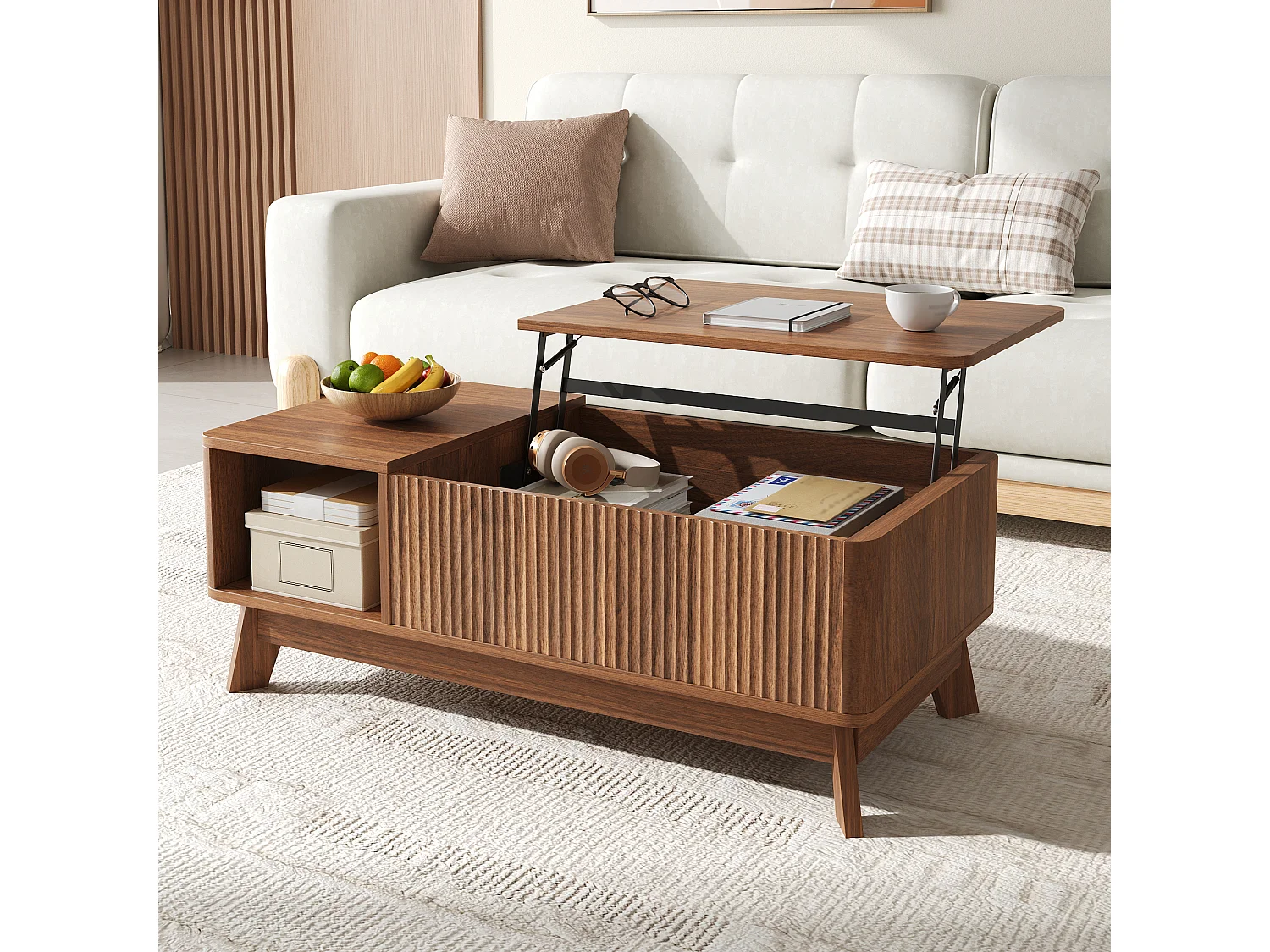 Couchtisch mit Hubfunktion fürs Wohnzimmer – 95 x 48 x 50 cm – Wellenförmiges Design – mit offenem Seitenfach – MDF – Braun