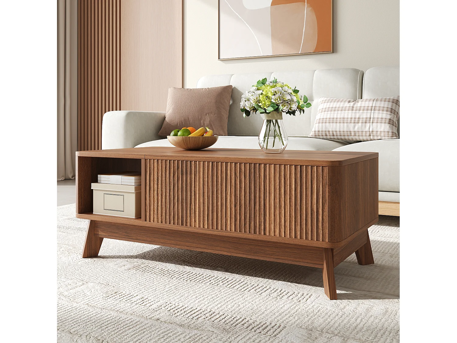 Couchtisch mit Hubfunktion fürs Wohnzimmer – 95 x 48 x 50 cm – Wellenförmiges Design – mit offenem Seitenfach – MDF – Braun