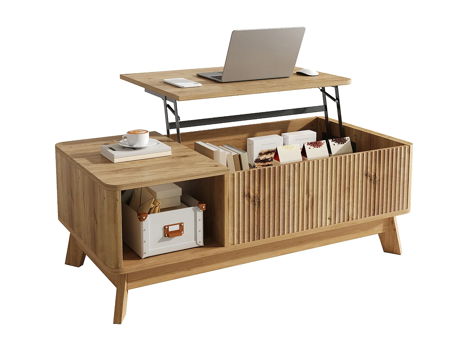 Couchtisch mit Hubfunktion fürs Wohnzimmer – 95 x 48 x 50 cm – Wellenförmiges Design – mit offenem Seitenstauraum – MDF – Natur