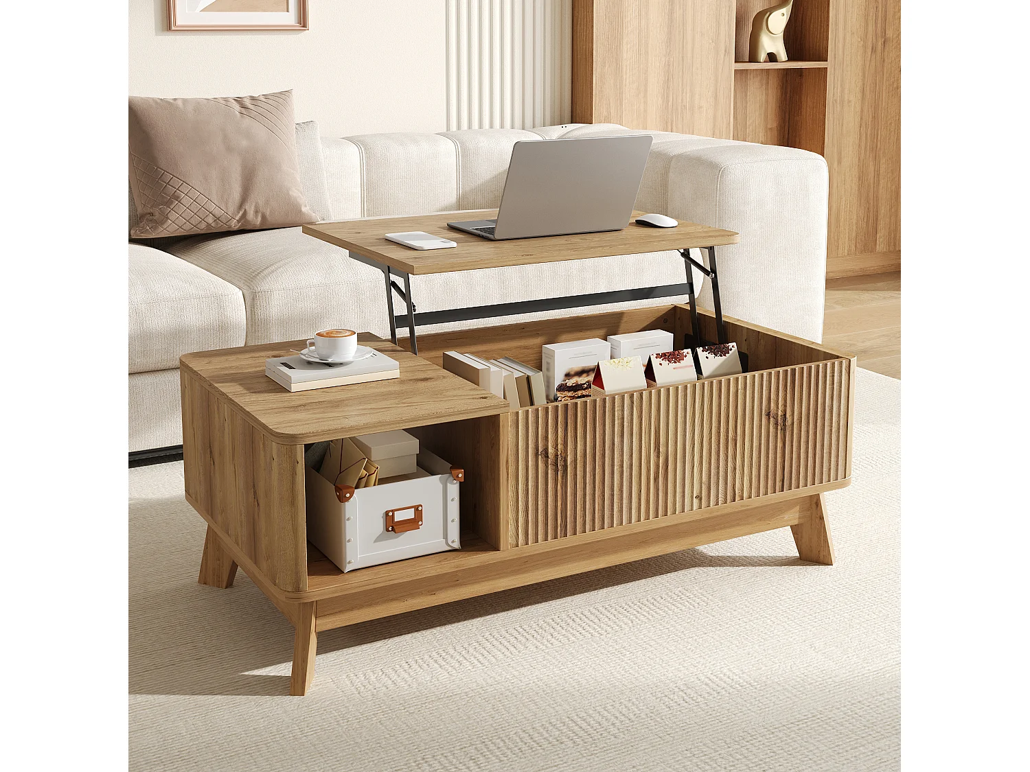 Couchtisch mit Hubfunktion fürs Wohnzimmer – 95 x 48 x 50 cm – Wellenförmiges Design – mit offenem Seitenstauraum – MDF – Natur