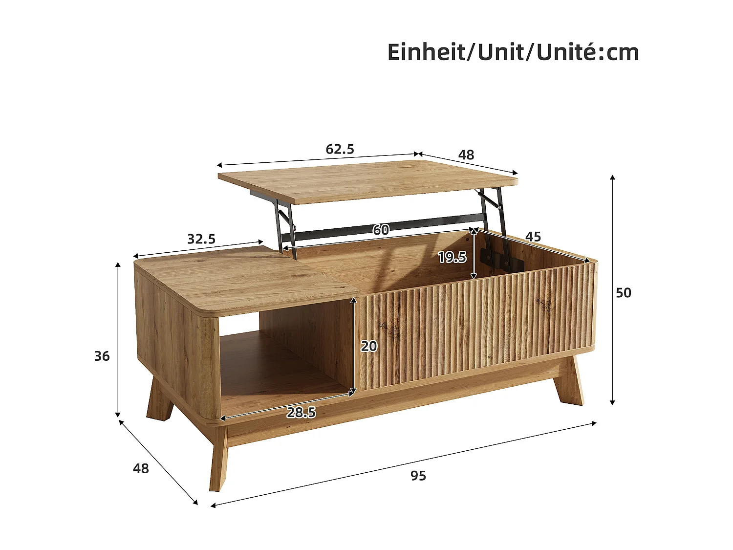 Couchtisch mit Hubfunktion fürs Wohnzimmer – 95 x 48 x 50 cm – Wellenförmiges Design – mit offenem Seitenstauraum – MDF – Natur