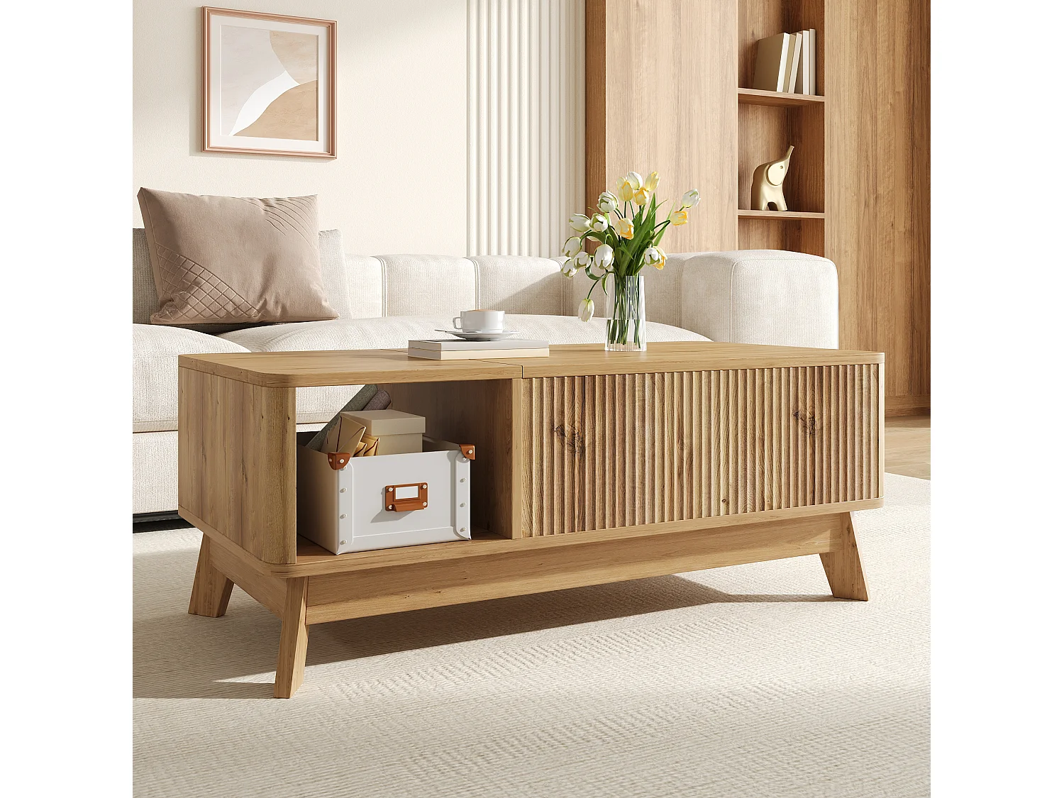 Couchtisch mit Hubfunktion fürs Wohnzimmer – 95 x 48 x 50 cm – Wellenförmiges Design – mit offenem Seitenstauraum – MDF – Natur