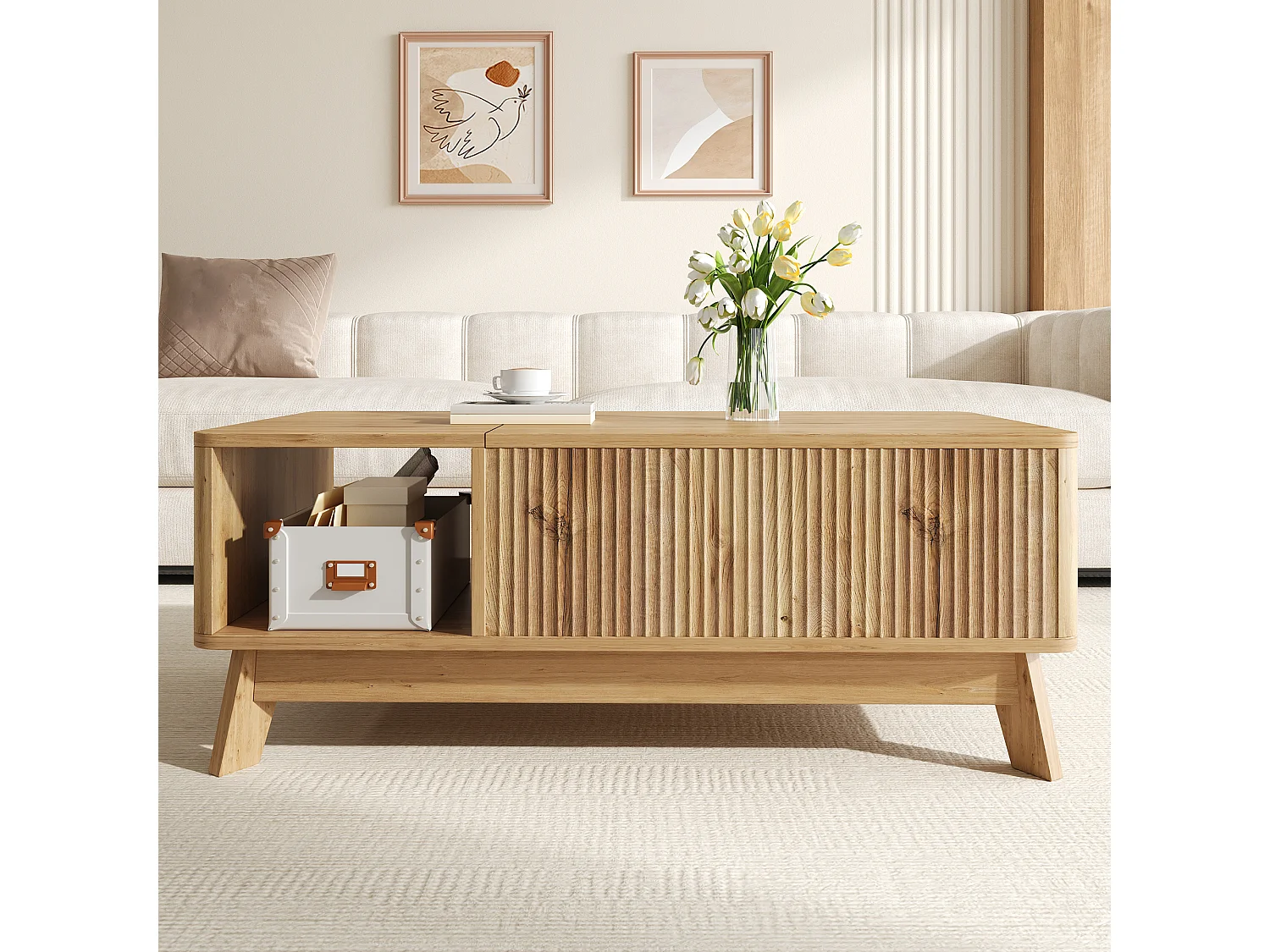 Couchtisch mit Hubfunktion fürs Wohnzimmer – 95 x 48 x 50 cm – Wellenförmiges Design – mit offenem Seitenstauraum – MDF – Natur