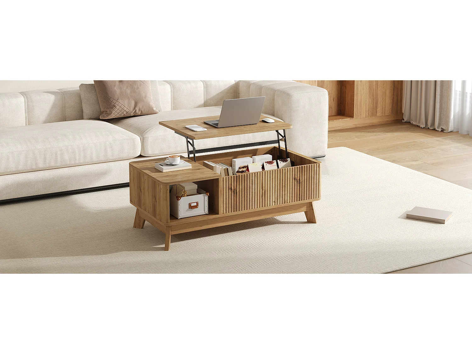 Couchtisch mit Hubfunktion fürs Wohnzimmer – 95 x 48 x 50 cm – Wellenförmiges Design – mit offenem Seitenstauraum – MDF – Natur