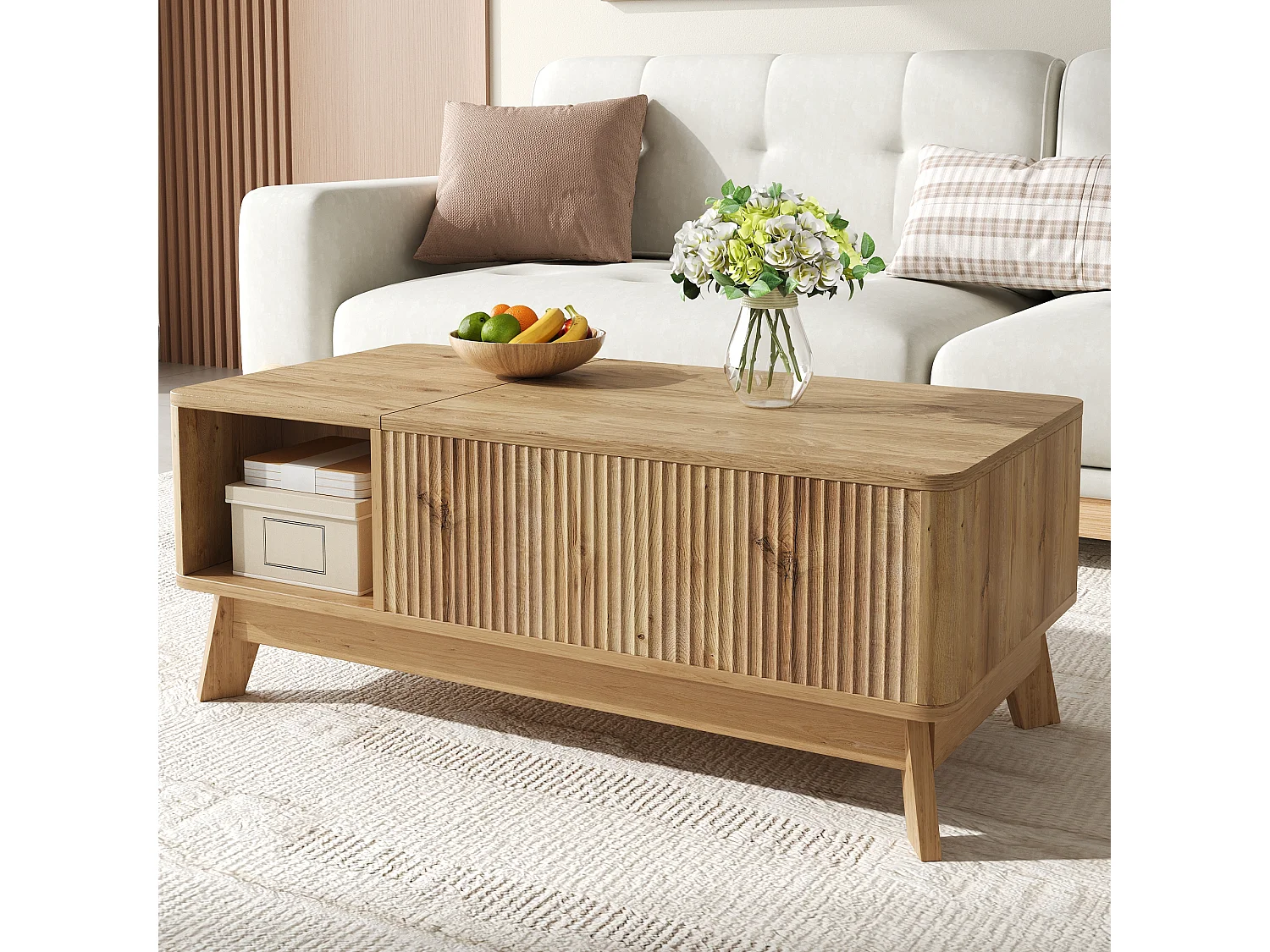 Couchtisch mit Hubfunktion fürs Wohnzimmer – 95 x 48 x 50 cm – Wellenförmiges Design – mit offenem Seitenstauraum – MDF – Natur