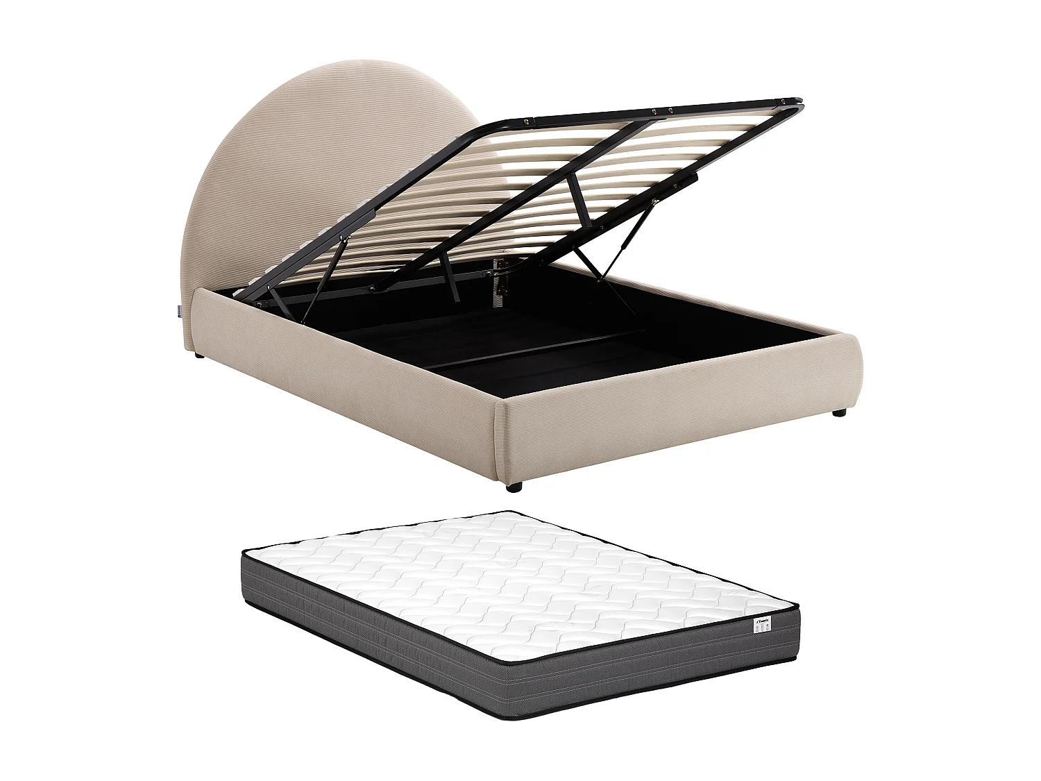 Lit coffre 160 x 200 cm - Velours côtelé - Beige + Matelas - LIRIMO