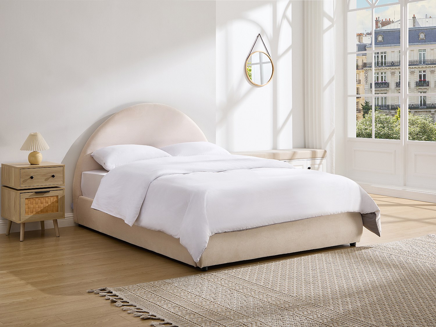 Säng med förvaring 160 x 200 cm - Manchestersammet - Beige + Madrass - LIRIMO