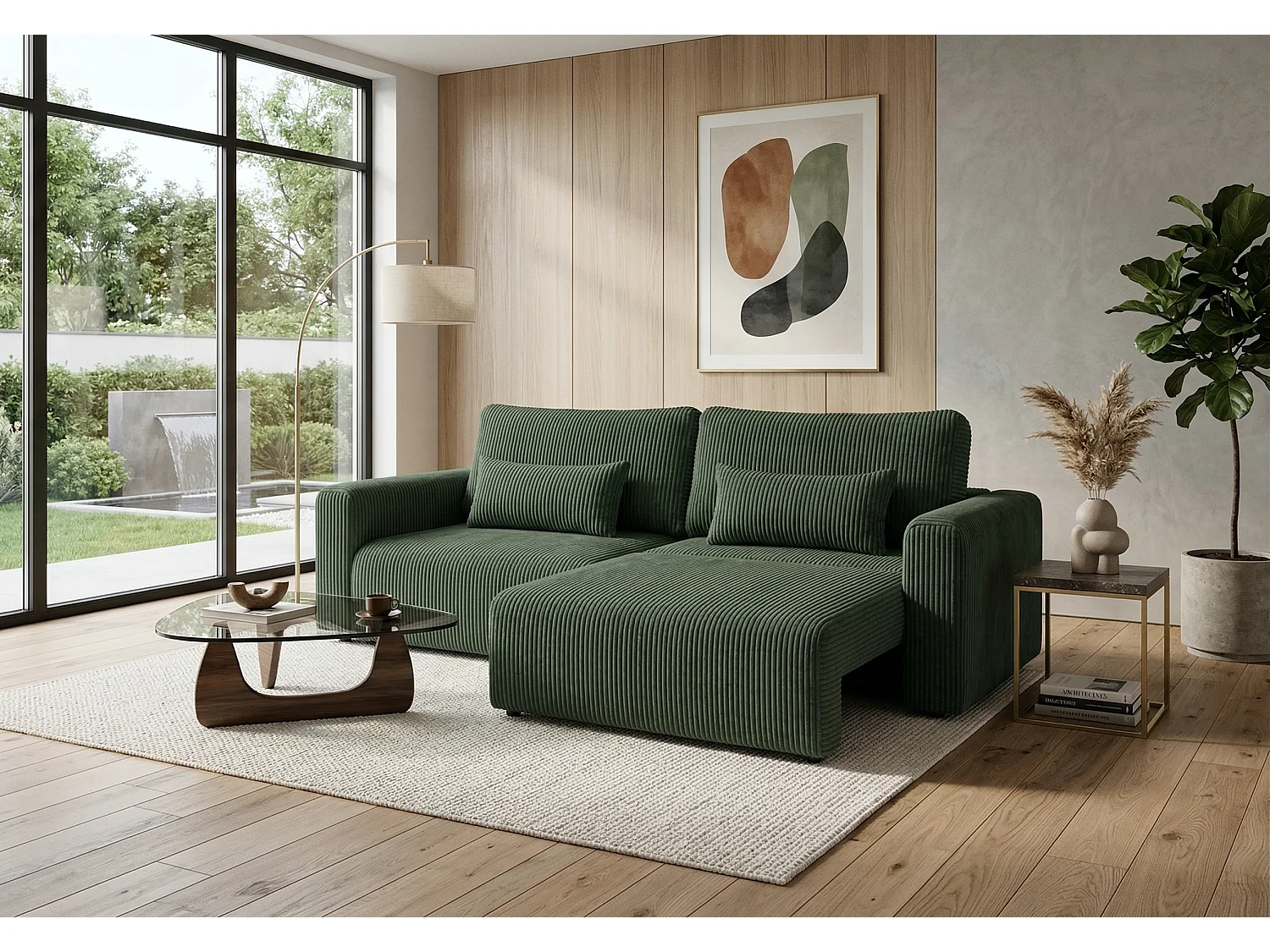 Canapé d’angle convertible BOND 2-en-1 230x150 cm, en tissu POSO 14 vert bouteille