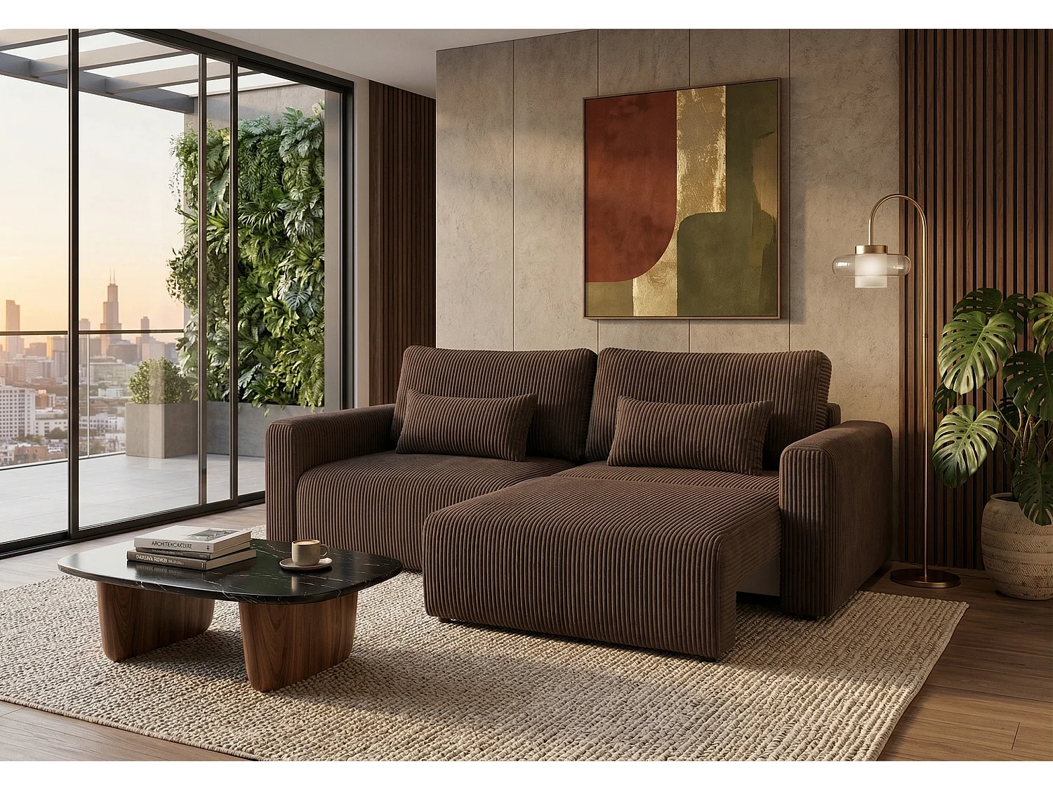 Canapé d’angle convertible BOND 2-en-1 230x150 cm, en tissu POSO 6 marron