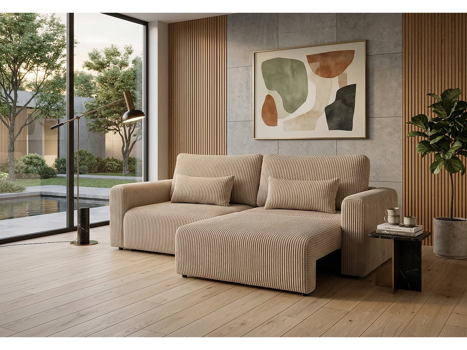 Canapé d’angle convertible BOND 2-en-1 230x150 cm, en tissu POSO 2 crème