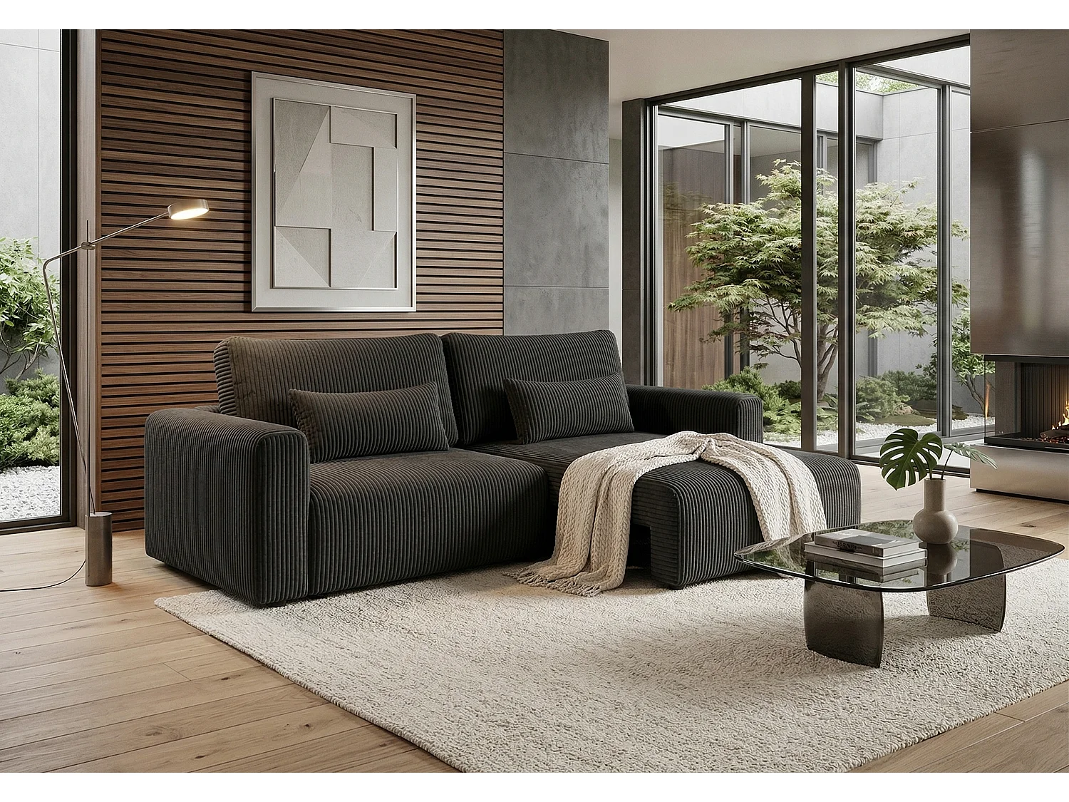 Canapé d’angle convertible BOND 2-en-1 230x150 cm, en tissu POSO 135 noir