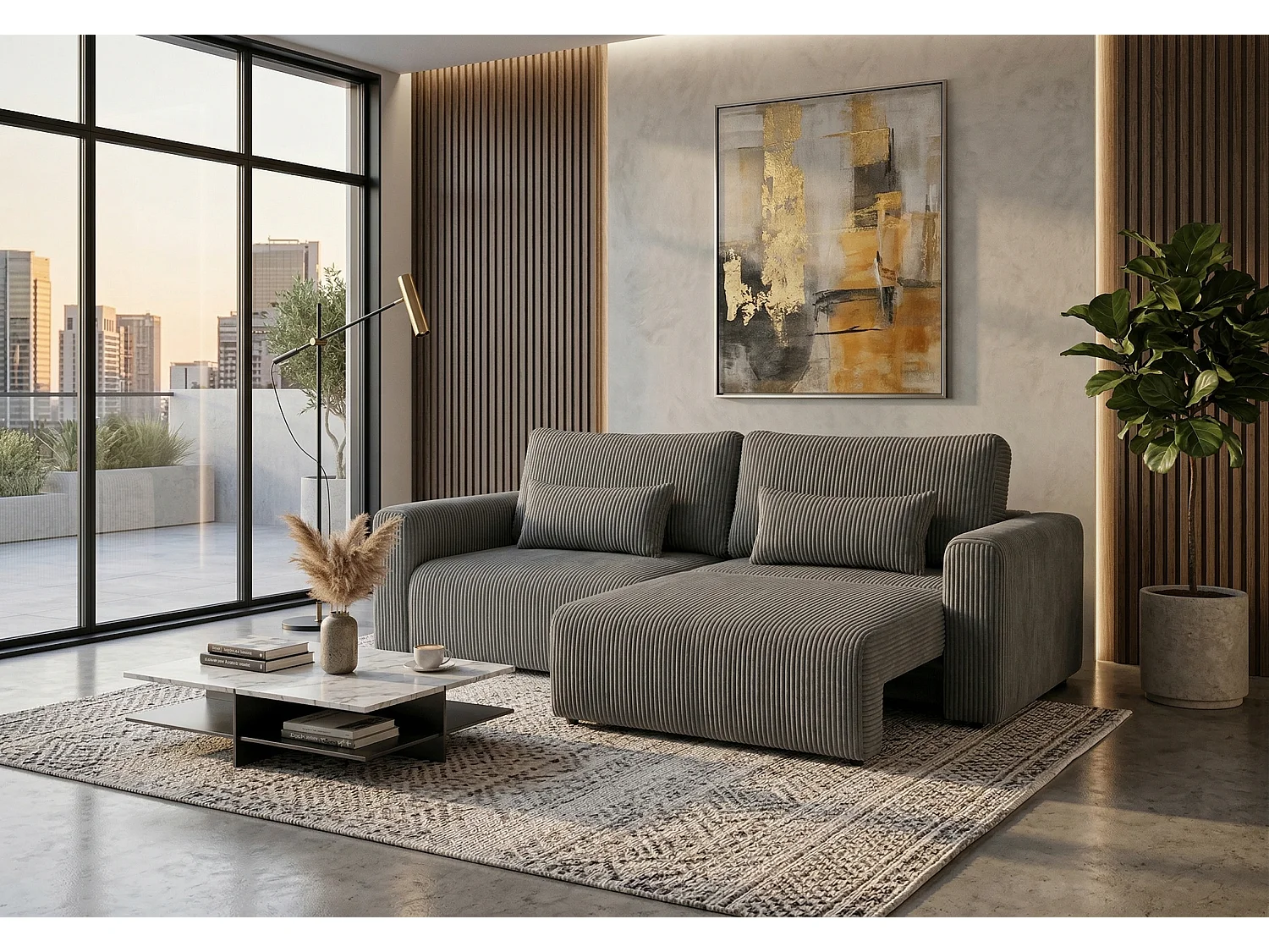 Canapé d’angle convertible BOND 2-en-1 230x150 cm, en tissu POSO 115 gris