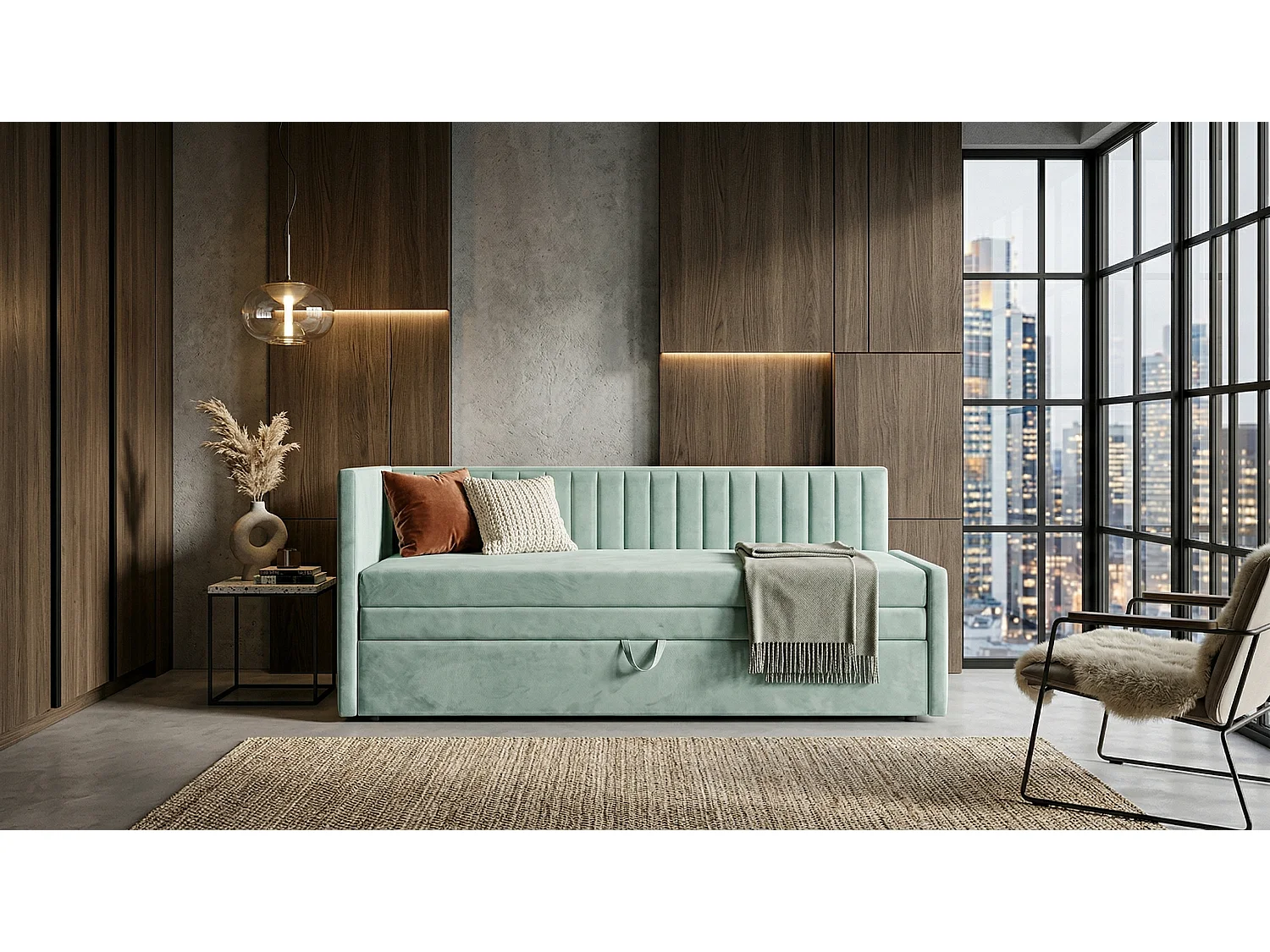 Łóżko dzienne wysuwane 2x90x200cm w tkaninie MANILA 11 jasnoniebieskiej