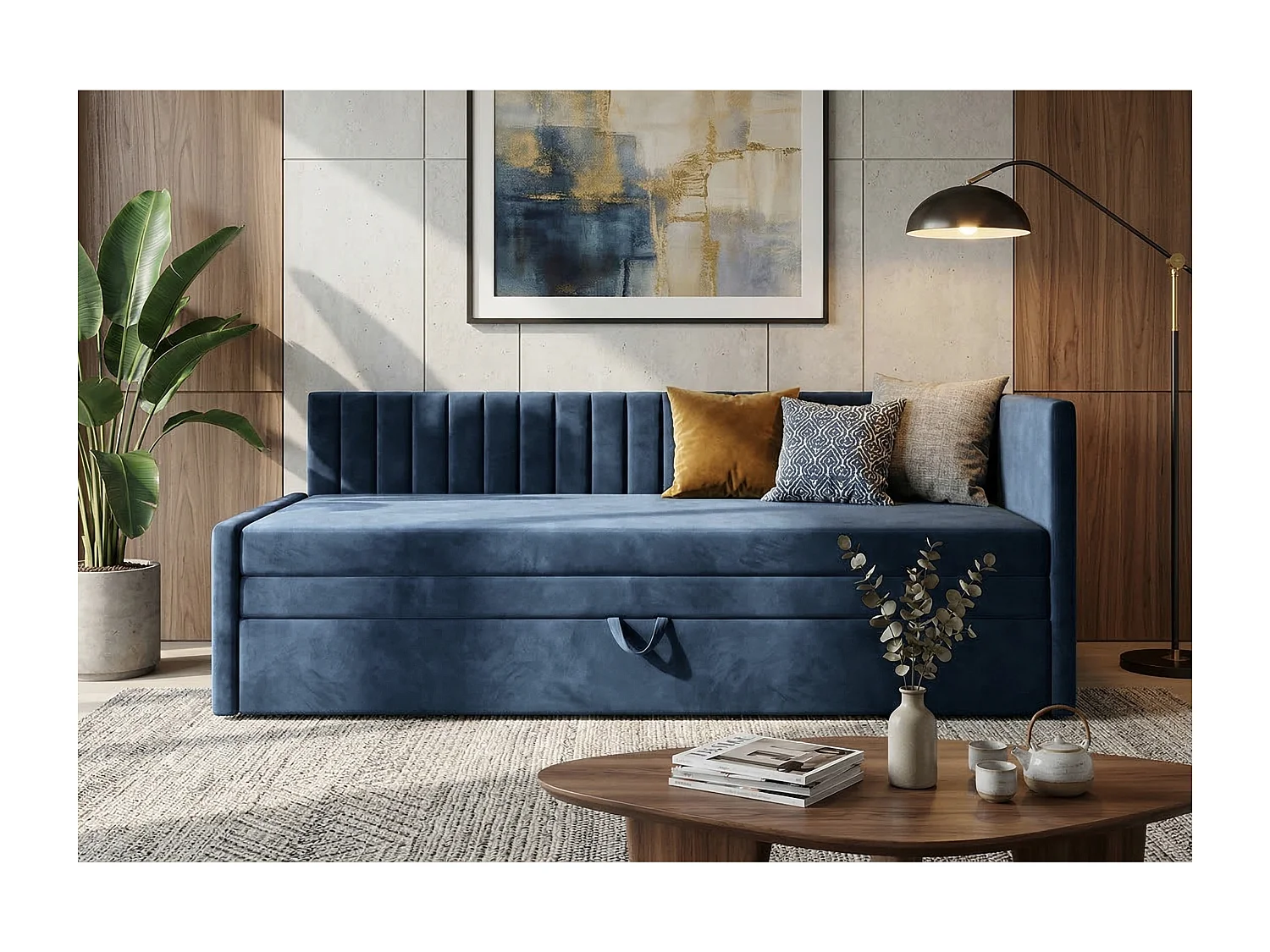 Łóżko dzienne wysuwane 2x90x200cm w tkaninie MANILA 25 ciemnoniebieskiej