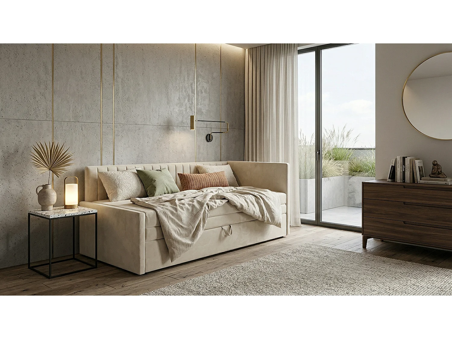 Łóżko dzienne wysuwane 2x90x200cm w tkaninie MANILA 1 kremowej