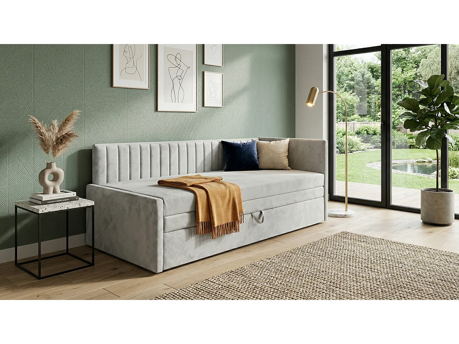 Łóżko dzienne wysuwane 2x90x200cm w tkaninie MANILA 14 jasnoszarej