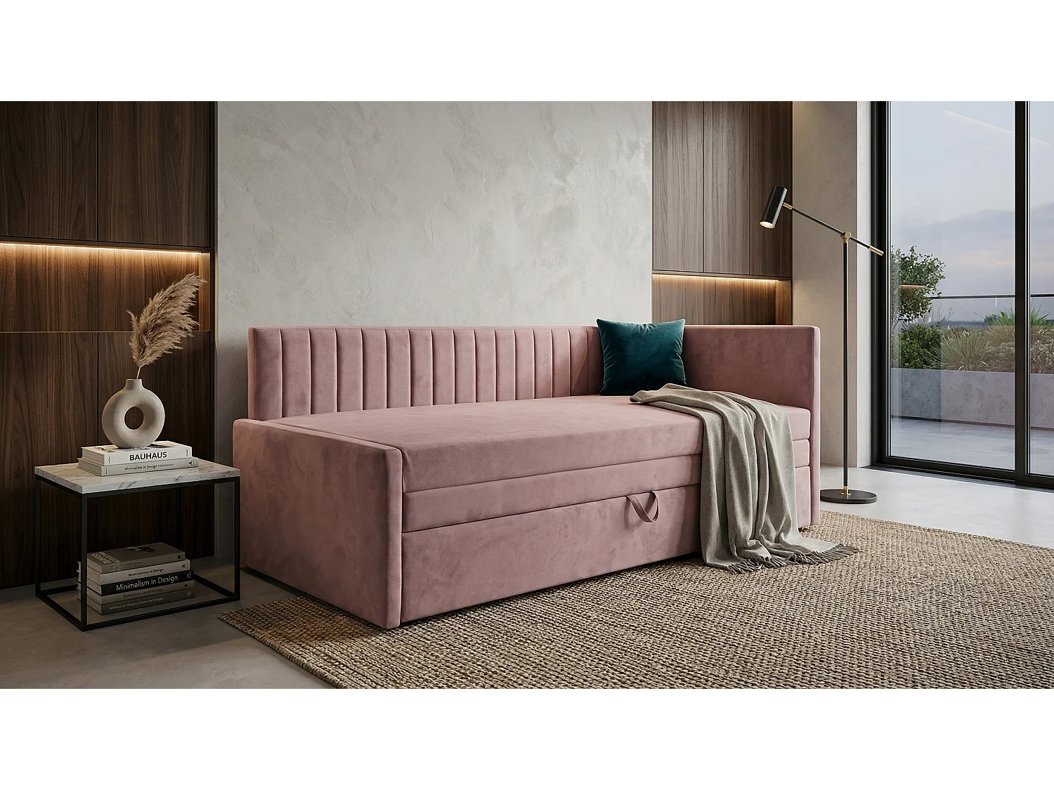 Lit de jour gigogne 2x90x200 cm en tissu MANILA 9 rose