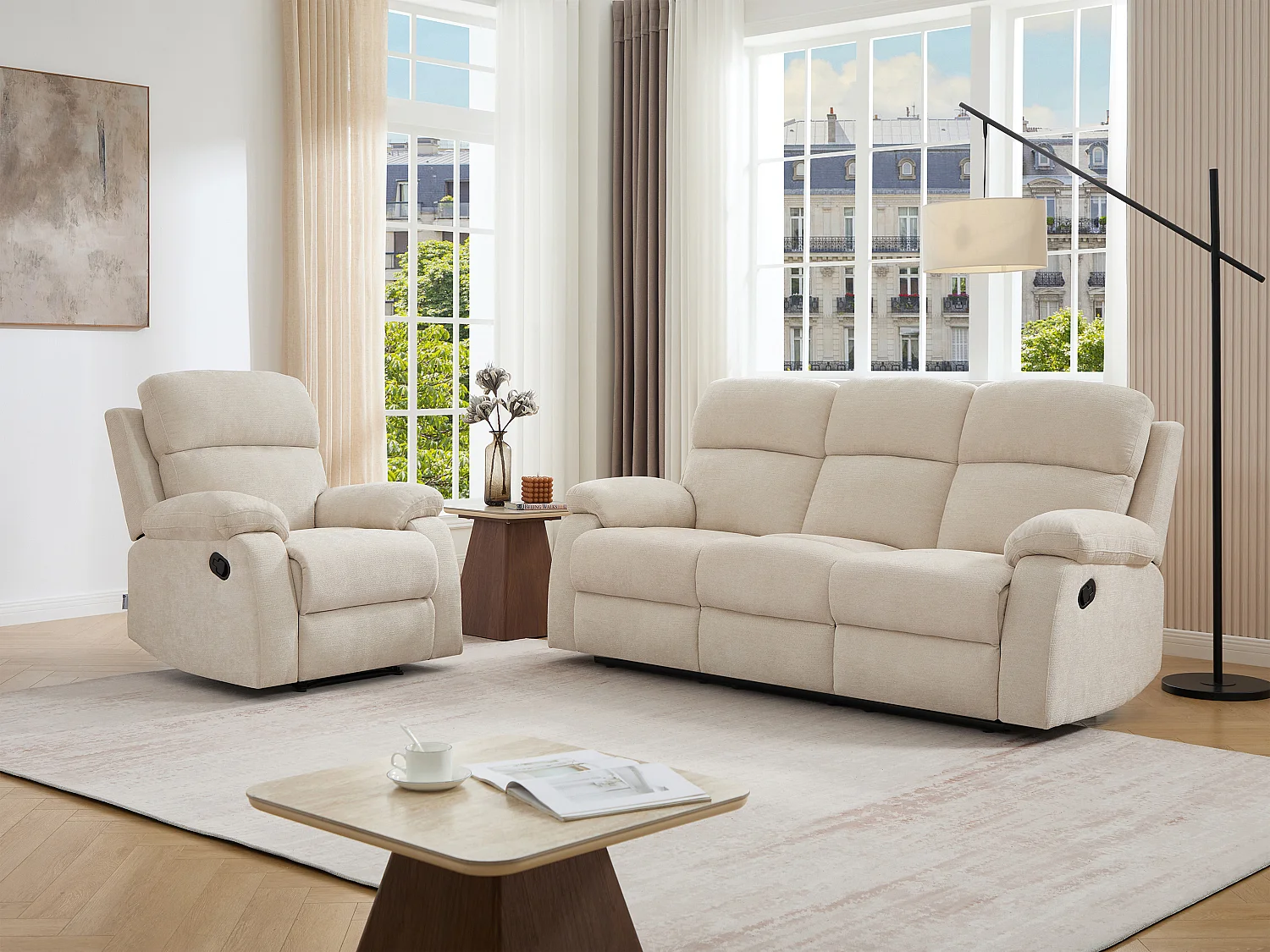 Canapé 3 places et un fauteuil relax en tissu texturé beige TOLZANO