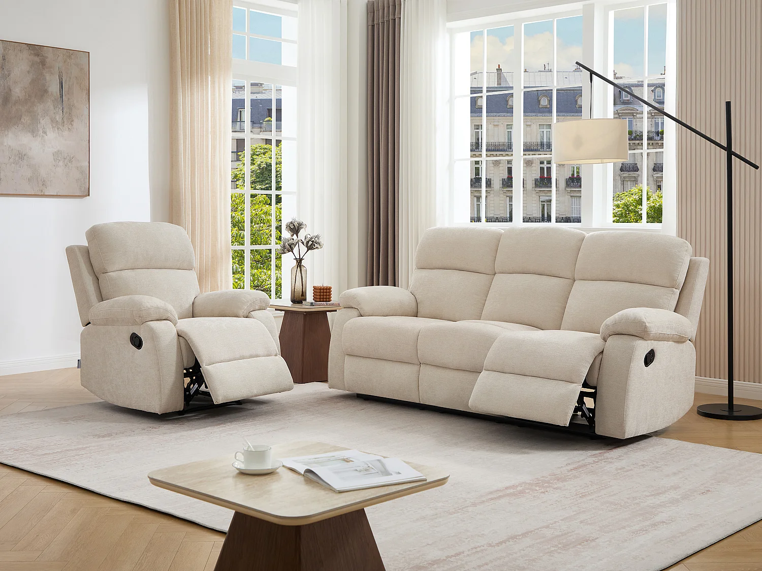 Canapé 3 places et un fauteuil relax en tissu texturé beige TOLZANO
