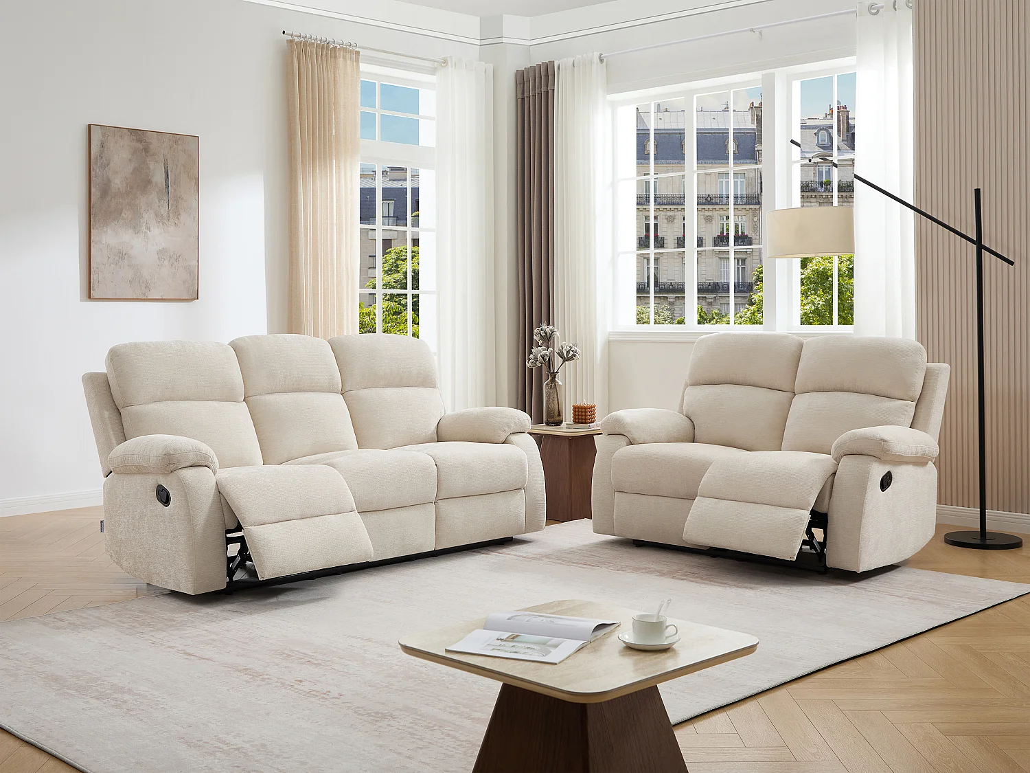 Canapé 3 places et 2 places relax en tissu texturé beige TOLZANO