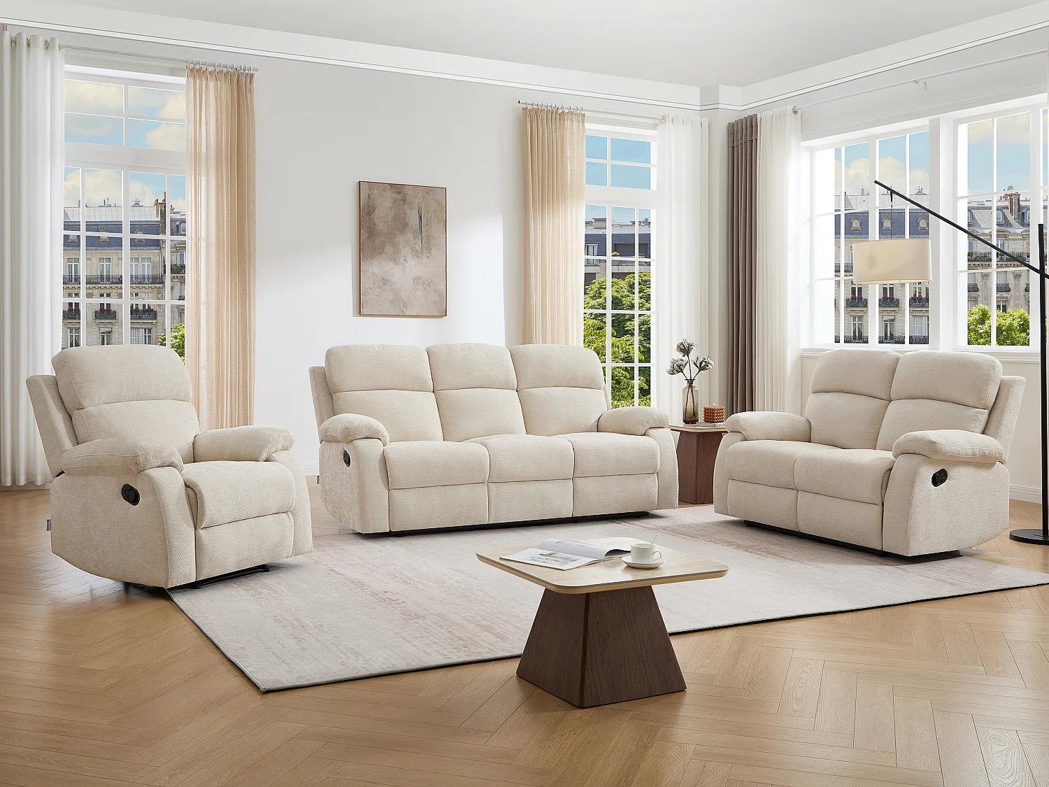 Canapé 3 places, 2 places et un fauteuil relax en tissu texturé beige TOLZANO