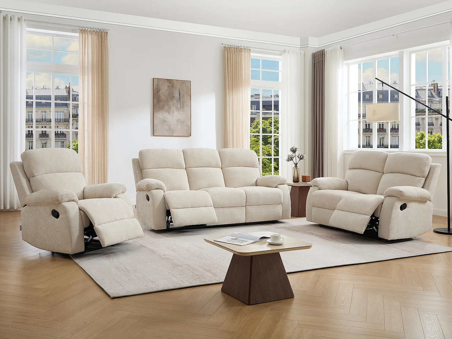 Canapé 3 places, 2 places et un fauteuil relax en tissu texturé beige TOLZANO