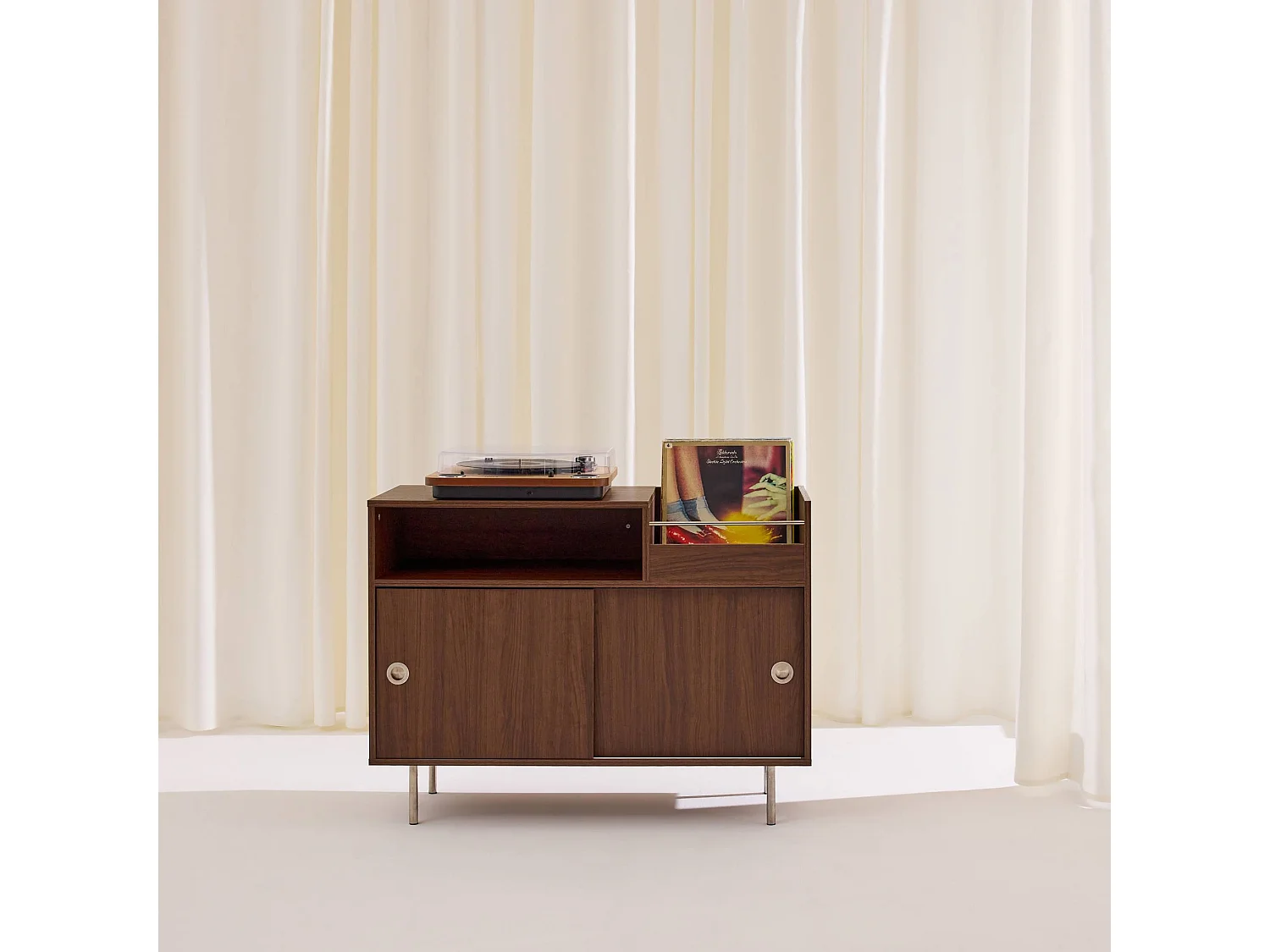 Mobile per vinili vintage decorazione legno e acciaio inossidabile, 100cm, Shelby, Noce, 100x40x75
