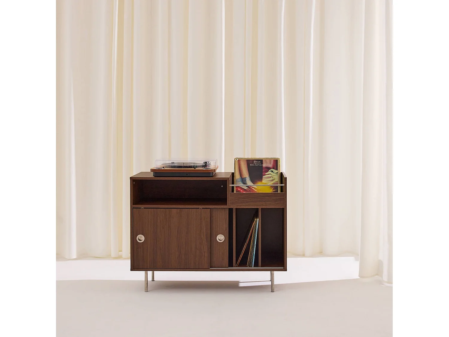 Mobile per vinili vintage decorazione legno e acciaio inossidabile, 100cm, Shelby, Noce, 100x40x75