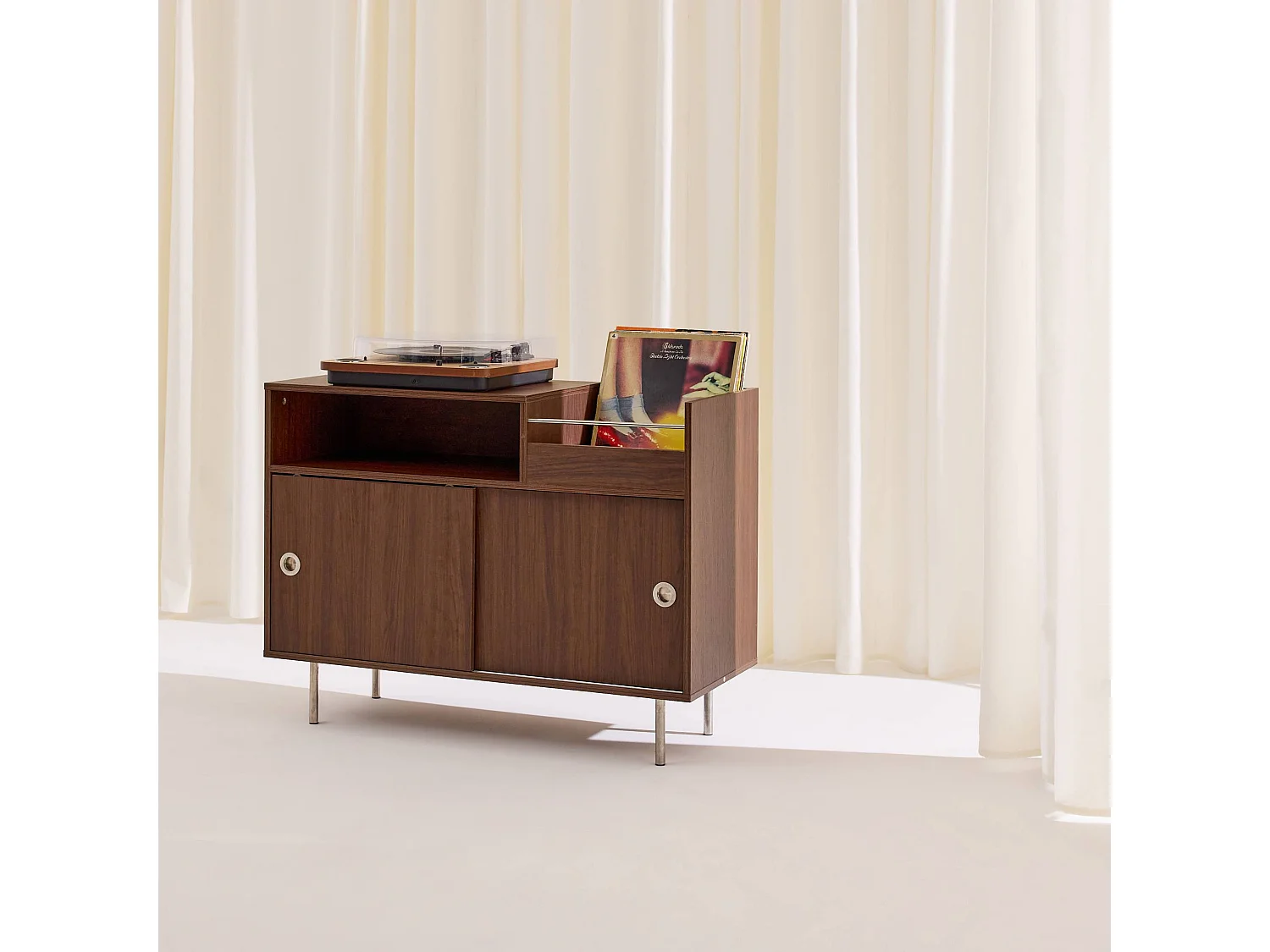 Mobile per vinili vintage decorazione legno e acciaio inossidabile, 100cm, Shelby, Noce, 100x40x75