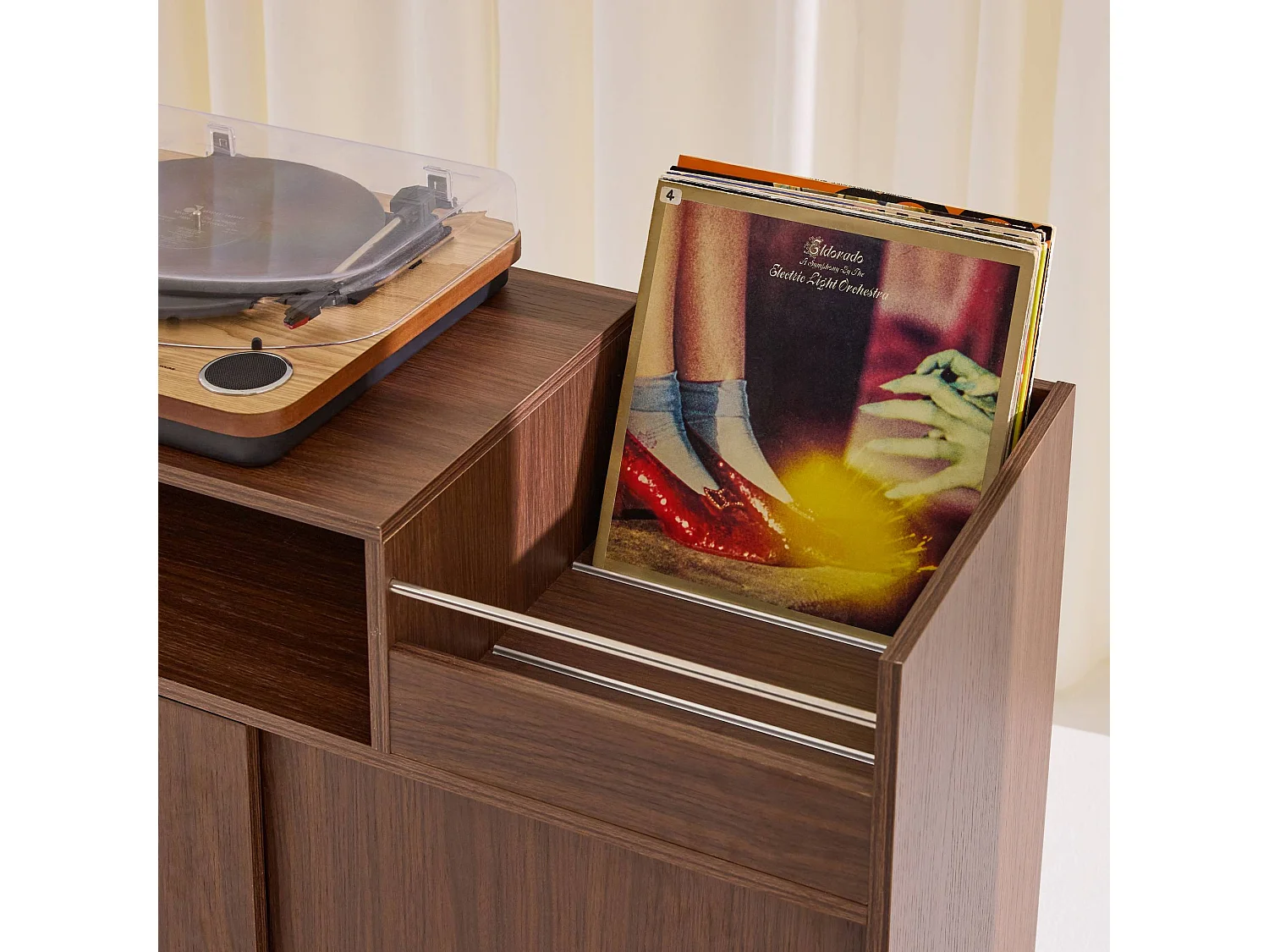Mobile per vinili vintage decorazione legno e acciaio inossidabile, 100cm, Shelby, Noce, 100x40x75