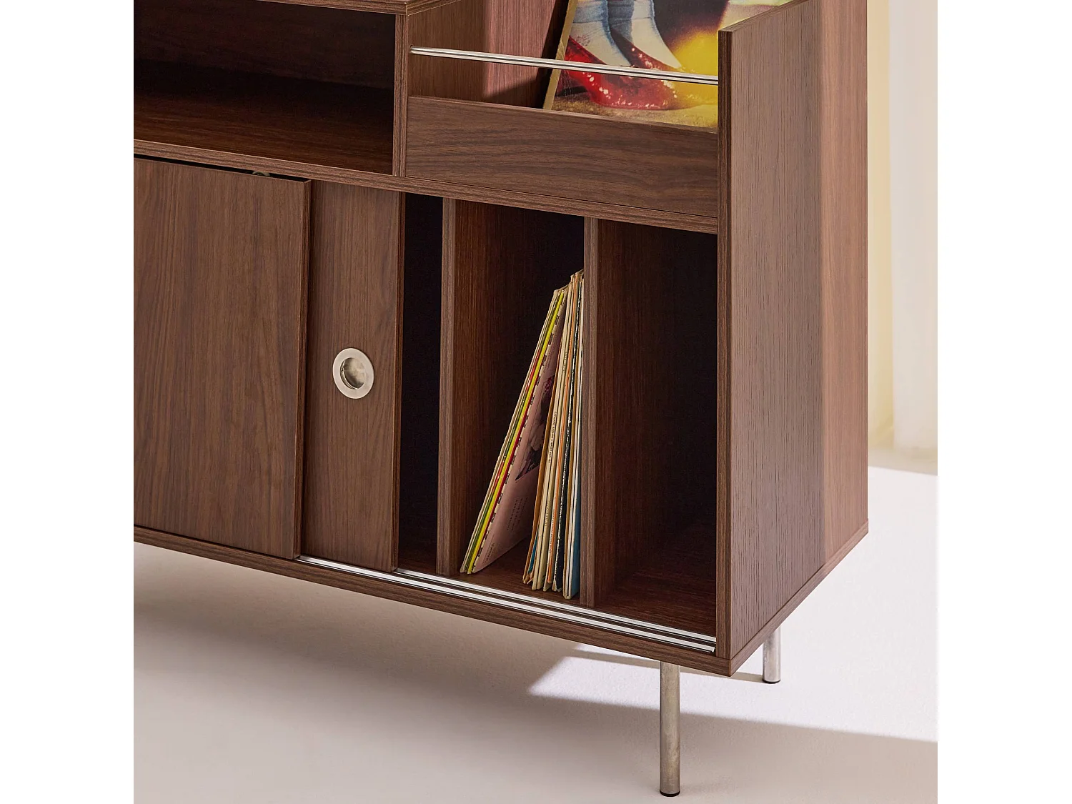 Mobile per vinili vintage decorazione legno e acciaio inossidabile, 100cm, Shelby, Noce, 100x40x75
