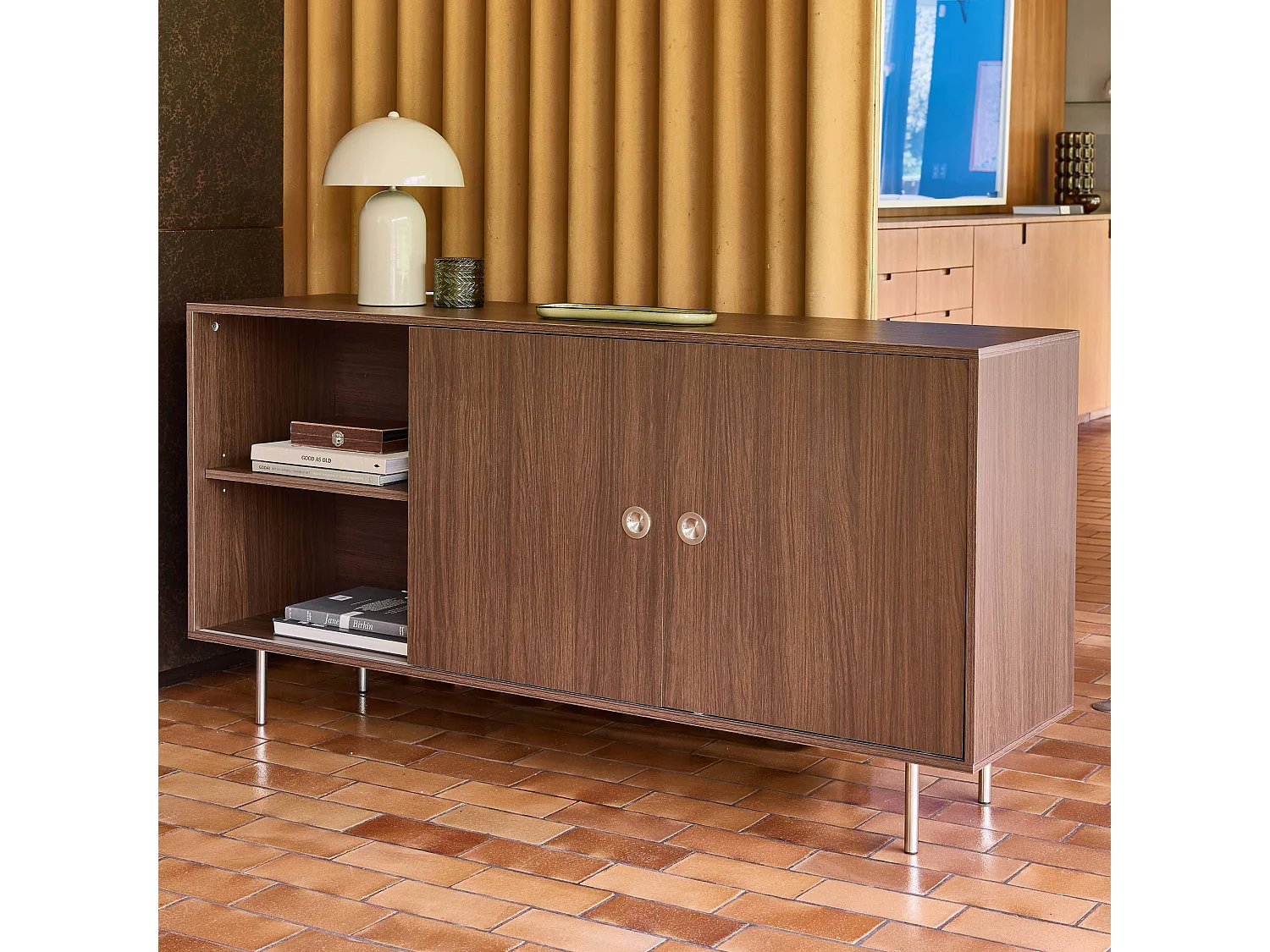 Buffet vintage décor bois et acier inoxydable 2 portes coulissantes 150cm noyer - Shelby
