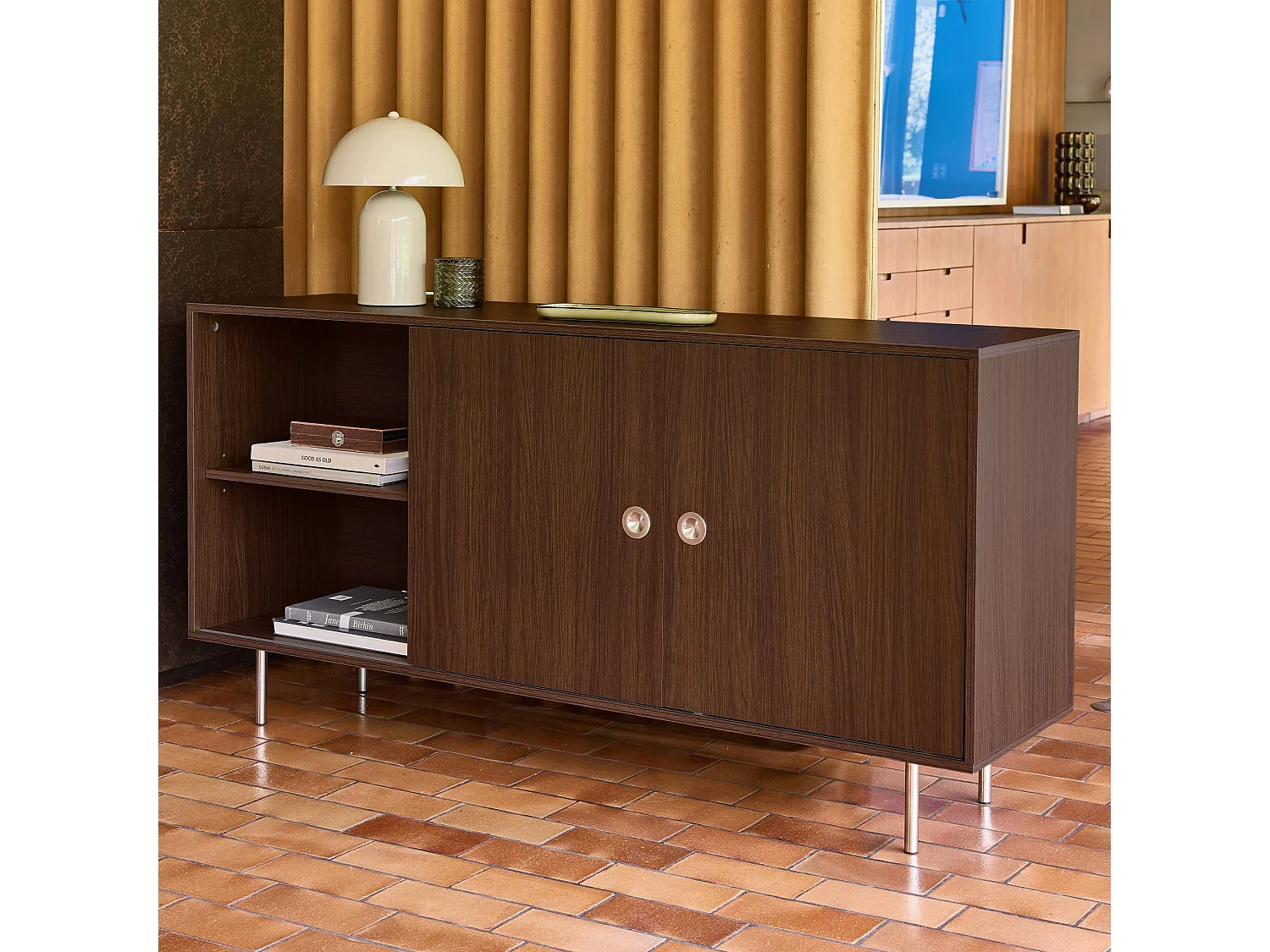 Aparador vintage de madera y acero inoxidable con 2 puertas, 150 cm