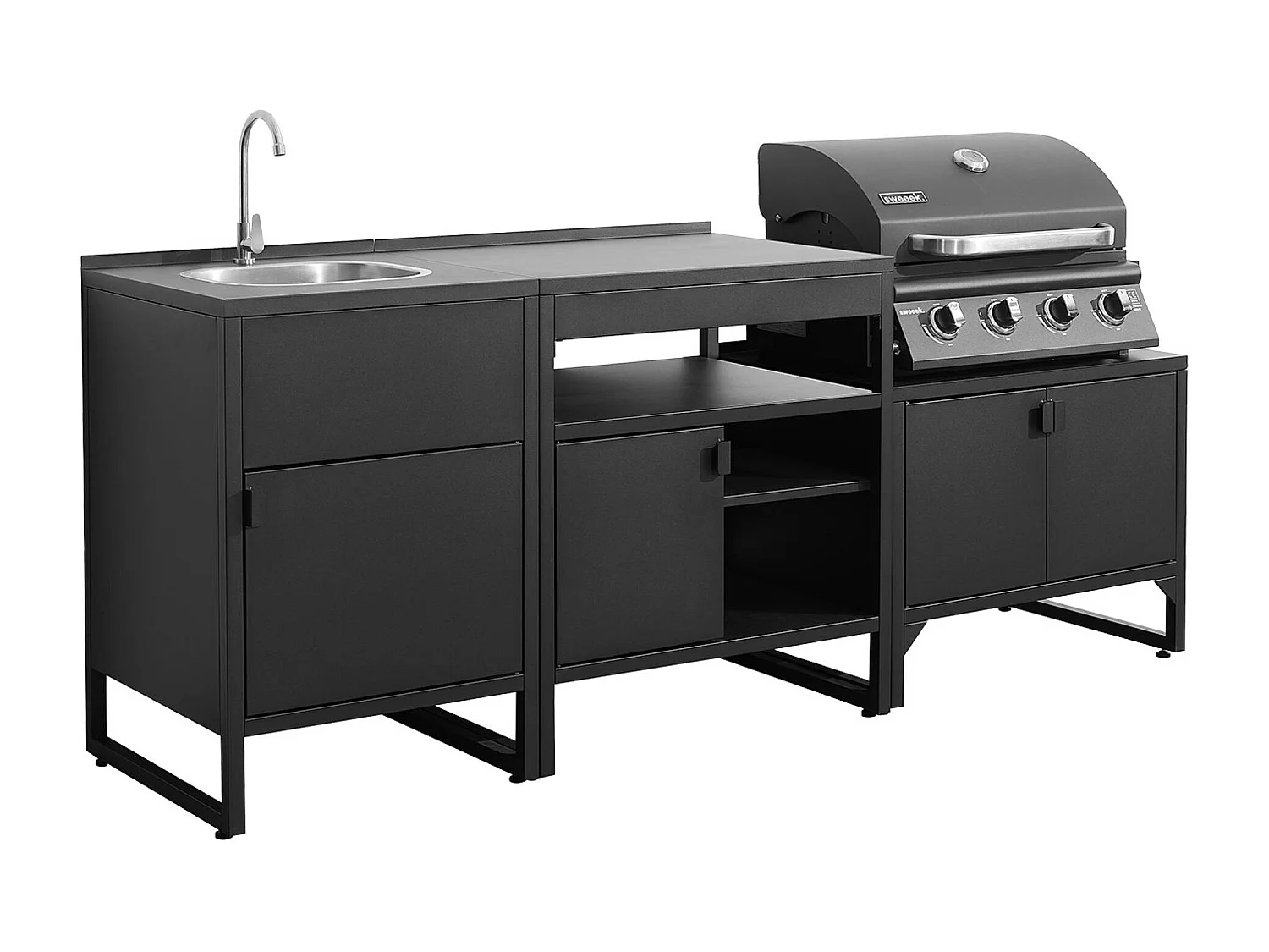 Cuisine extérieure 3 modules acier inoxydable avec barbecue gaz 4 brûleurs noir - Kea