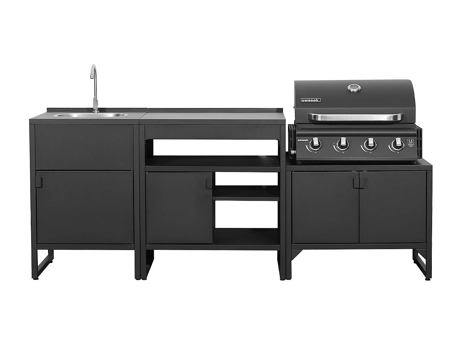 Cuisine extérieure 3 modules acier inoxydable avec barbecue gaz 4 brûleurs noir - Kea