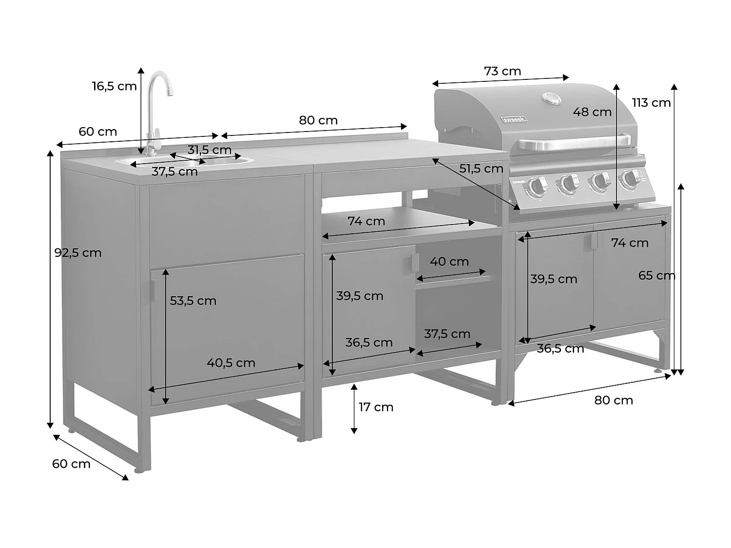 Cuisine extérieure 3 modules acier inoxydable avec barbecue gaz 4 brûleurs noir - Kea