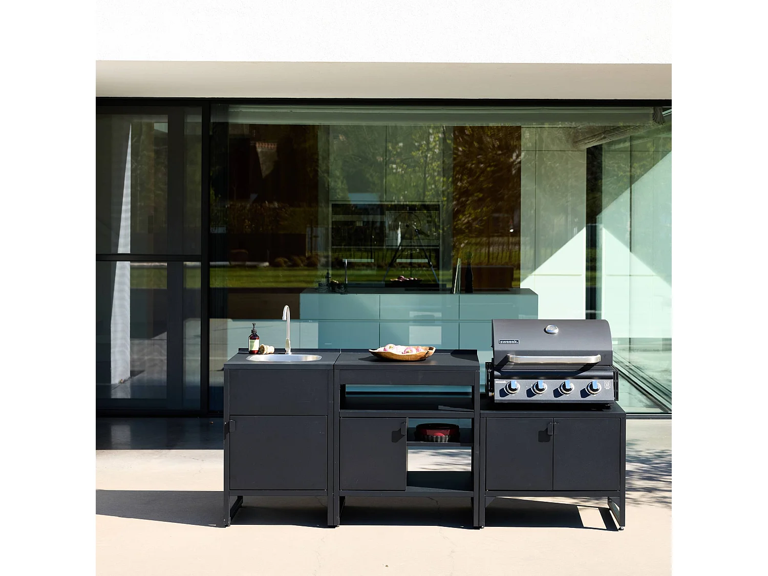 Cuisine extérieure 3 modules acier inoxydable avec barbecue gaz 4 brûleurs noir - Kea