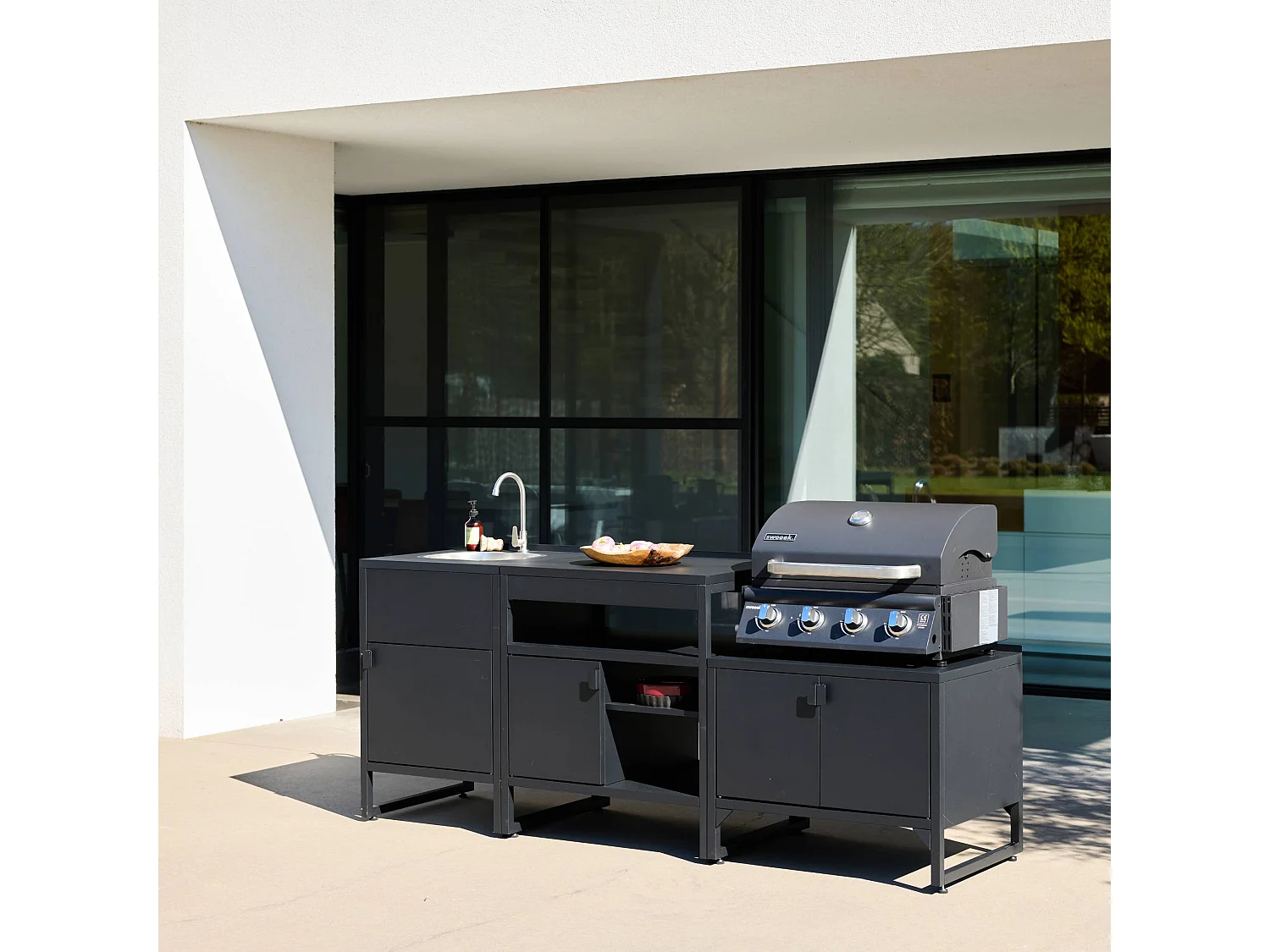 Cuisine extérieure 3 modules acier inoxydable avec barbecue gaz 4 brûleurs noir - Kea