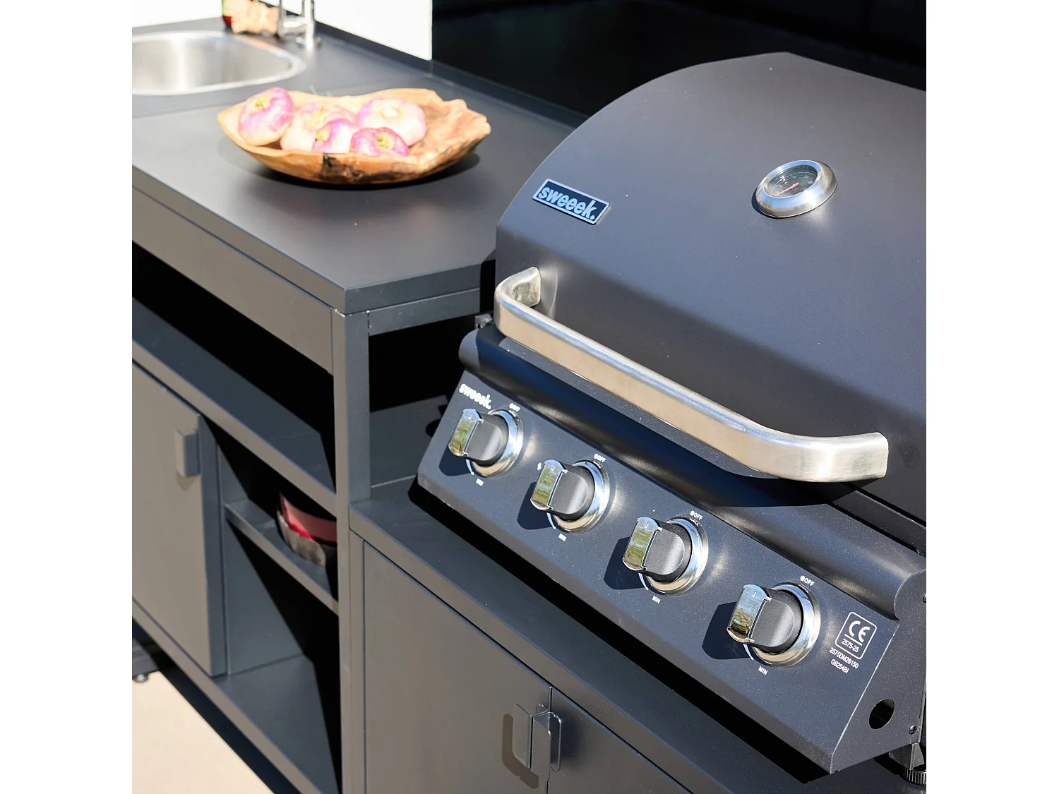 Cuisine extérieure 3 modules acier inoxydable avec barbecue gaz 4 brûleurs noir - Kea