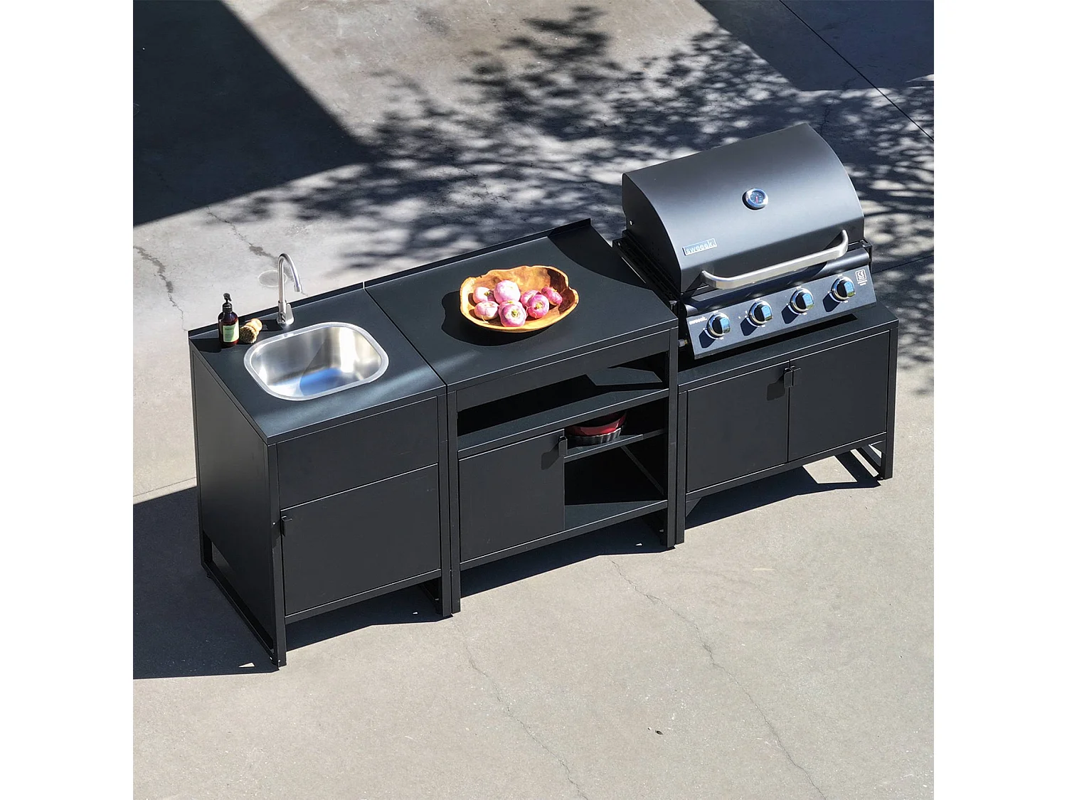 Cuisine extérieure 3 modules acier inoxydable avec barbecue gaz 4 brûleurs noir - Kea