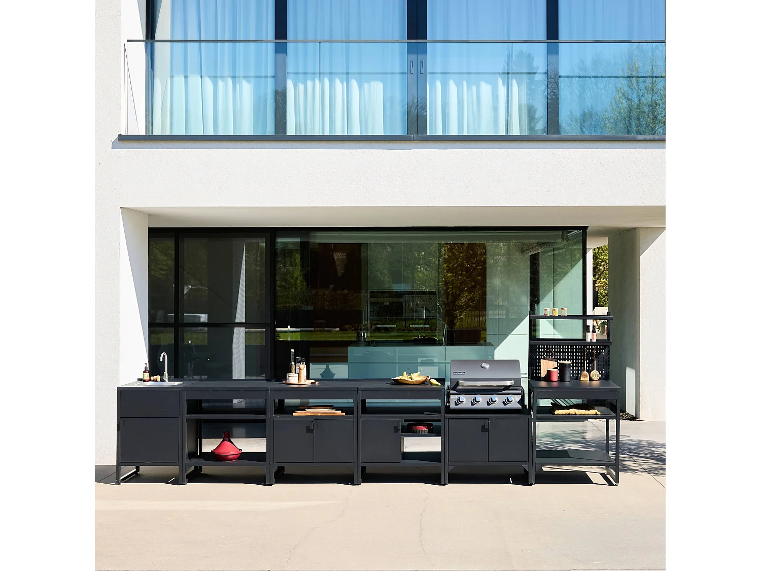 Cuisine extérieure 6 modules acier inoxydable avec barbecue gaz 4 brûleurs noir - Kea