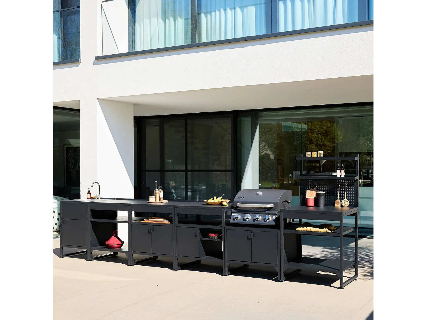 Cuisine extérieure 6 modules acier inoxydable avec barbecue gaz 4 brûleurs noir - Kea