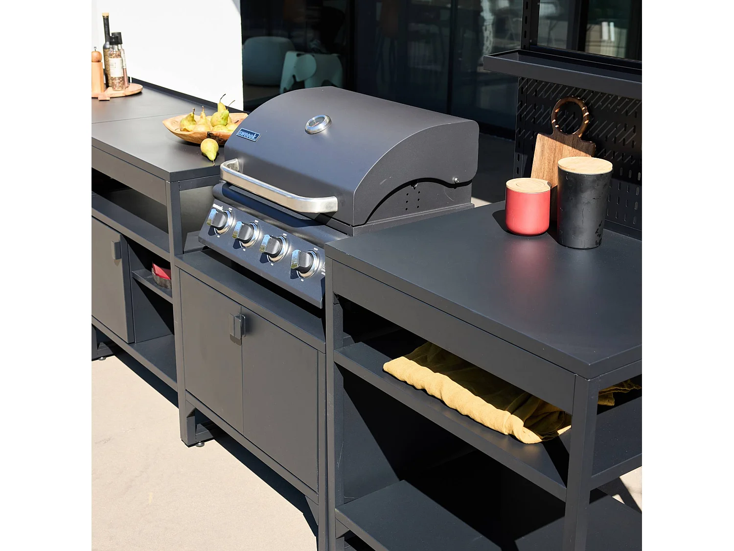 Cuisine extérieure 6 modules acier inoxydable avec barbecue gaz 4 brûleurs noir - Kea