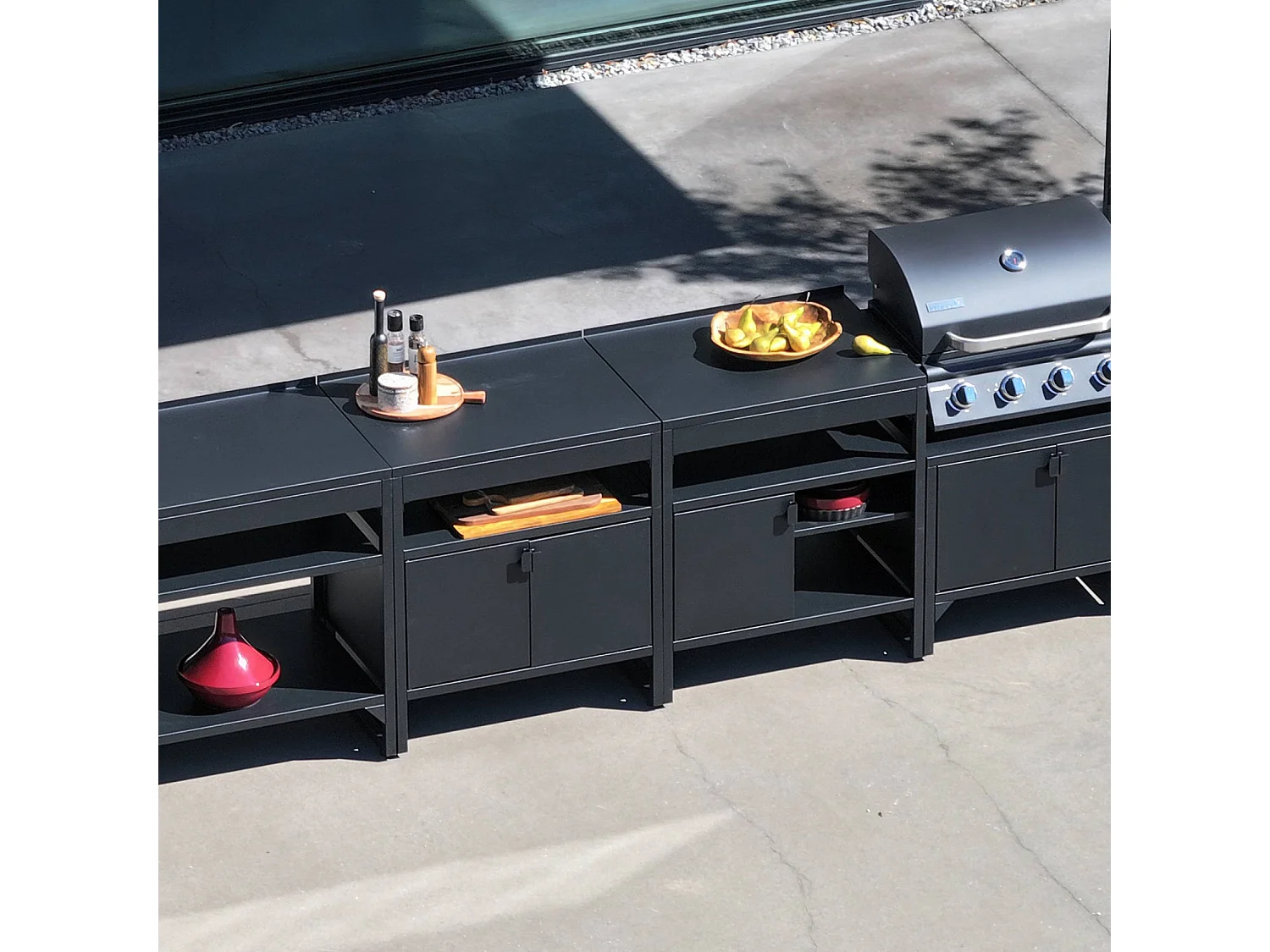 Cuisine extérieure 6 modules acier inoxydable avec barbecue gaz 4 brûleurs noir - Kea
