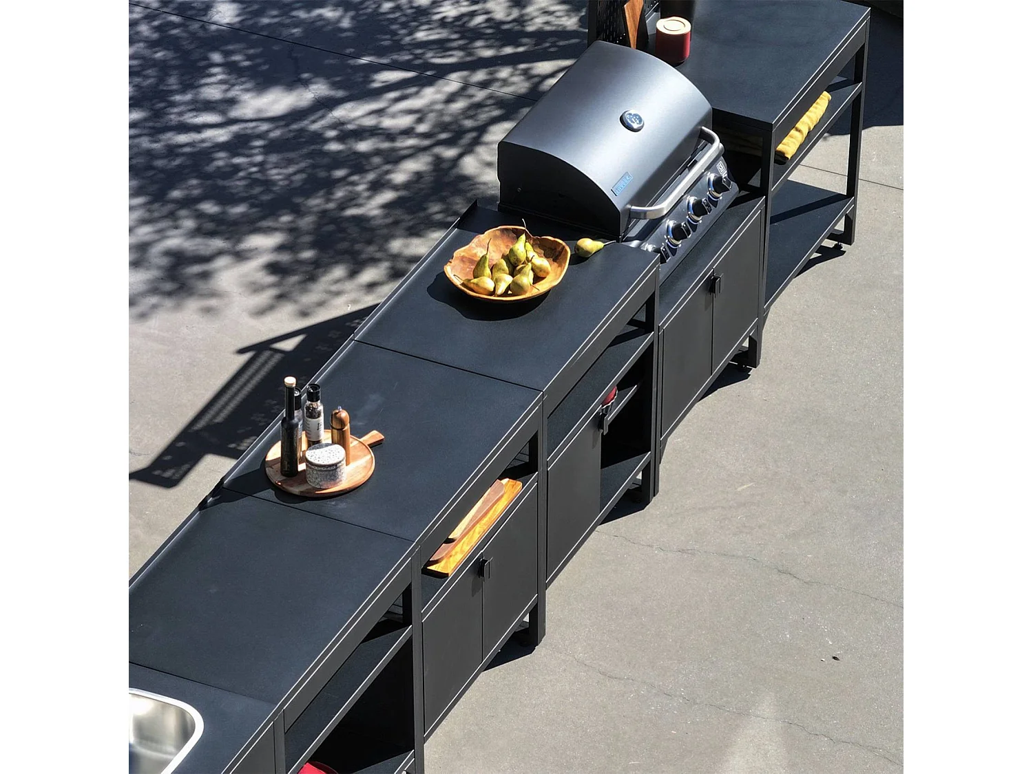 Cuisine extérieure 6 modules acier inoxydable avec barbecue gaz 4 brûleurs noir - Kea