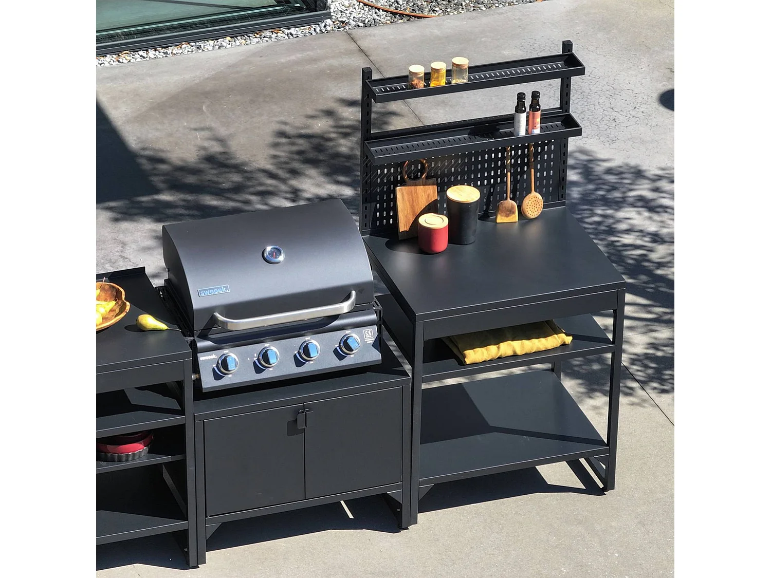 Cuisine extérieure 6 modules acier inoxydable avec barbecue gaz 4 brûleurs noir - Kea
