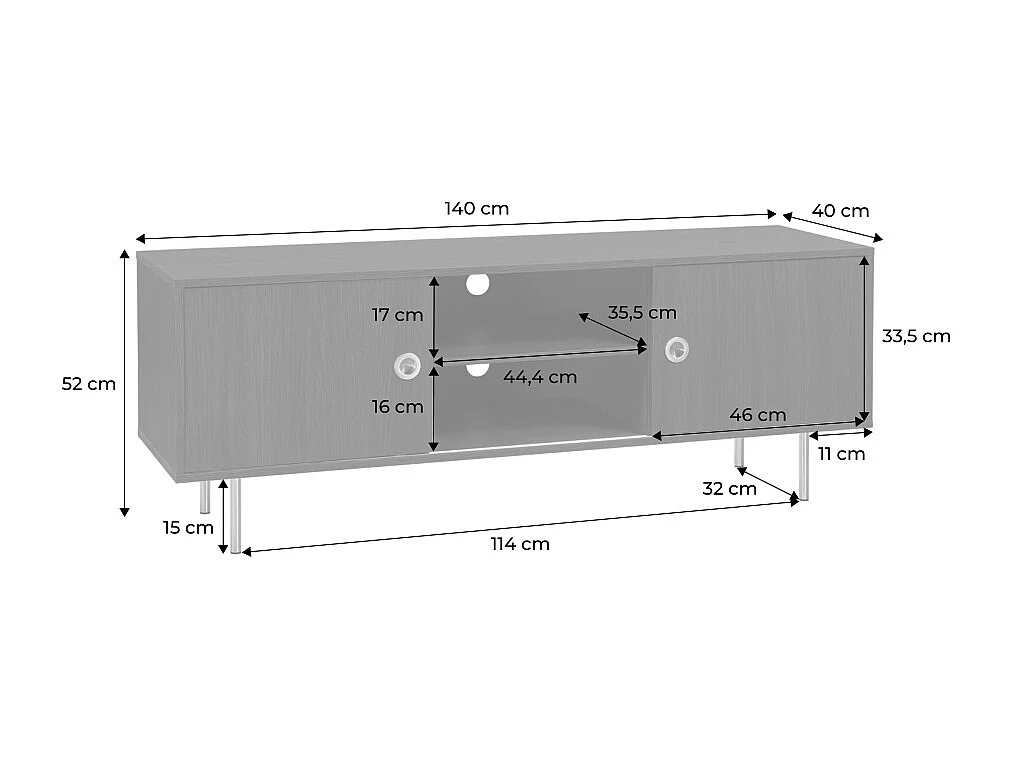 Meuble TV vintage décor bois et acier inoxydable 2 portes coulissantes 140cm noyer - Shelby