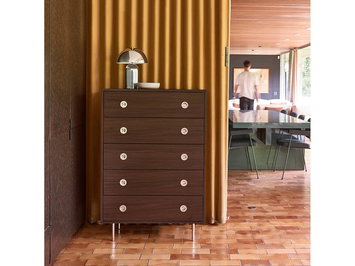 Cassettiera vintage decorata in legno e acciaio inossidabile, 5