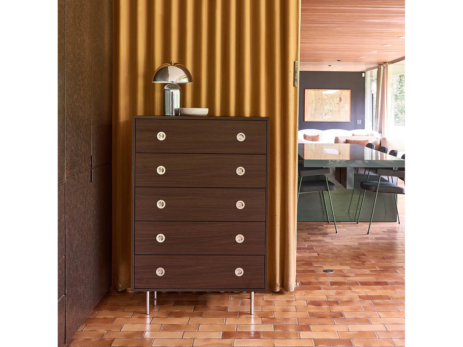 Cassettiera vintage decorata in legno e acciaio inossidabile, 5
