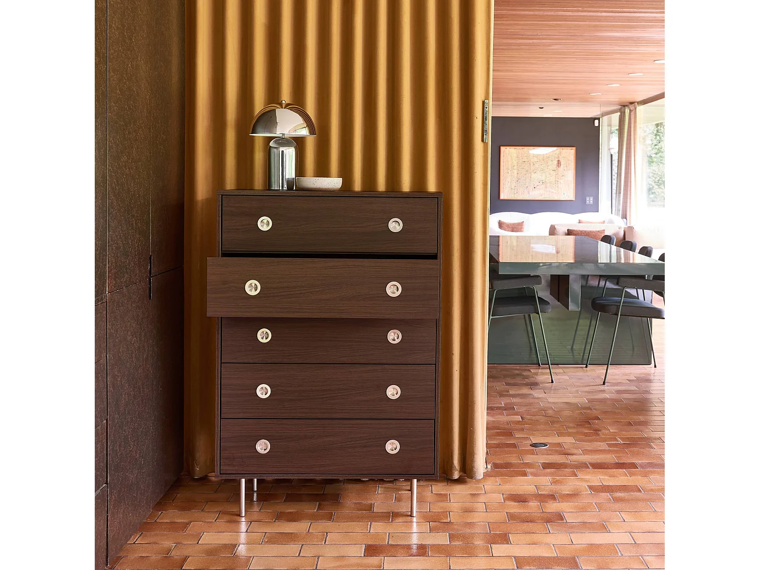 Cassettiera vintage decorata in legno e acciaio inossidabile, 5
